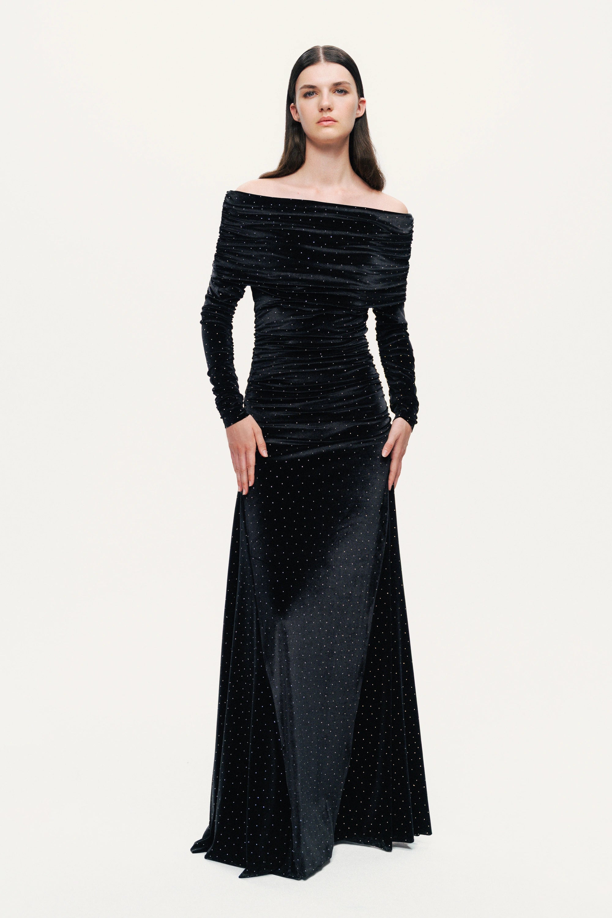 Off-Shoulder Velvet Maxi Dress with Rhinestone Detail