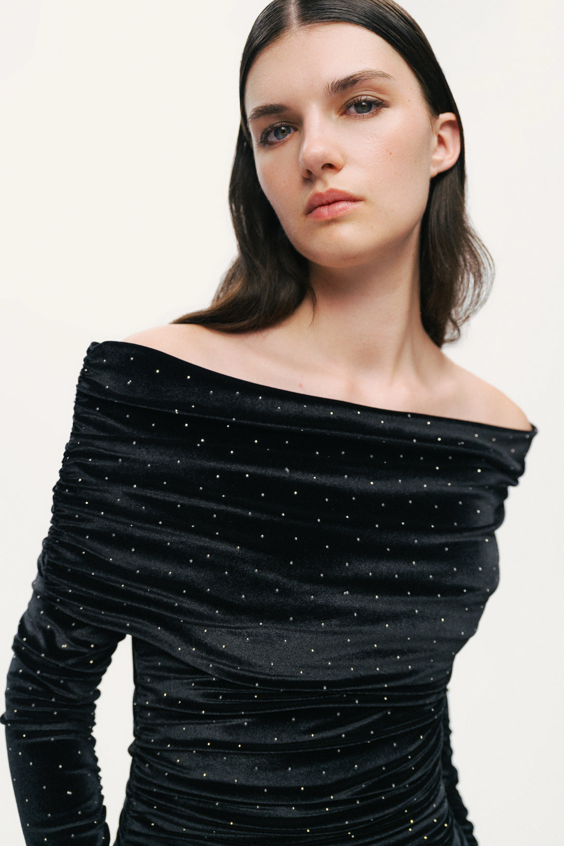 Off-Shoulder Velvet Maxi Dress with Rhinestone Detail