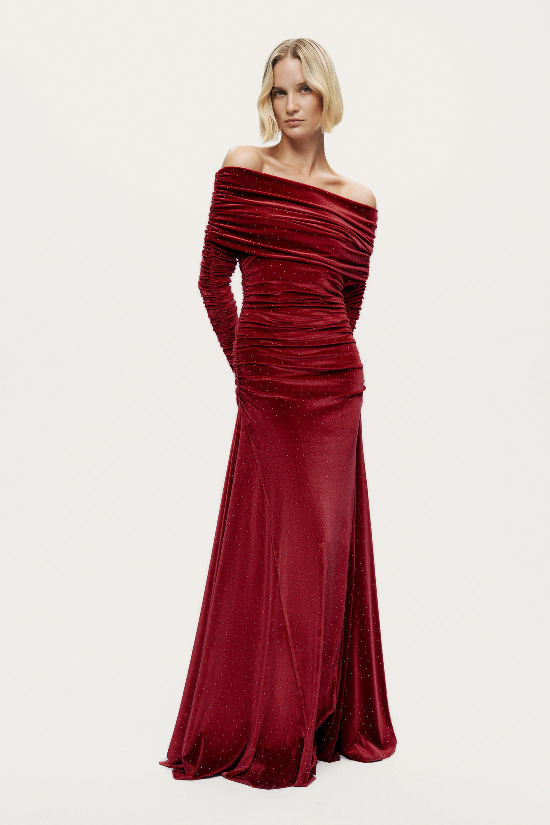 Off-Shoulder Velvet Maxi Dress with Rhinestone Detail