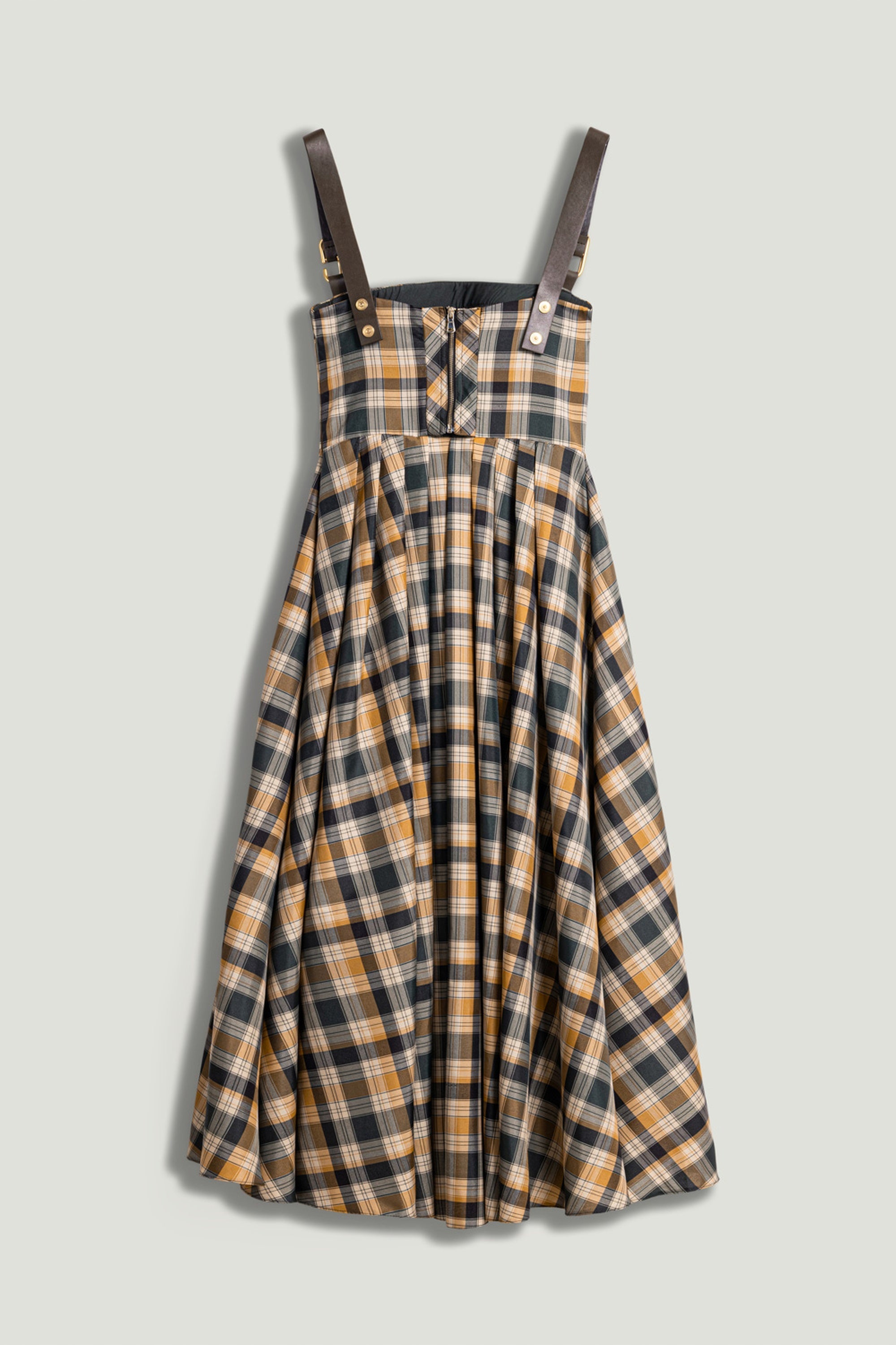 Plaid Pleated Maxi Dress with Faux Leather Belt