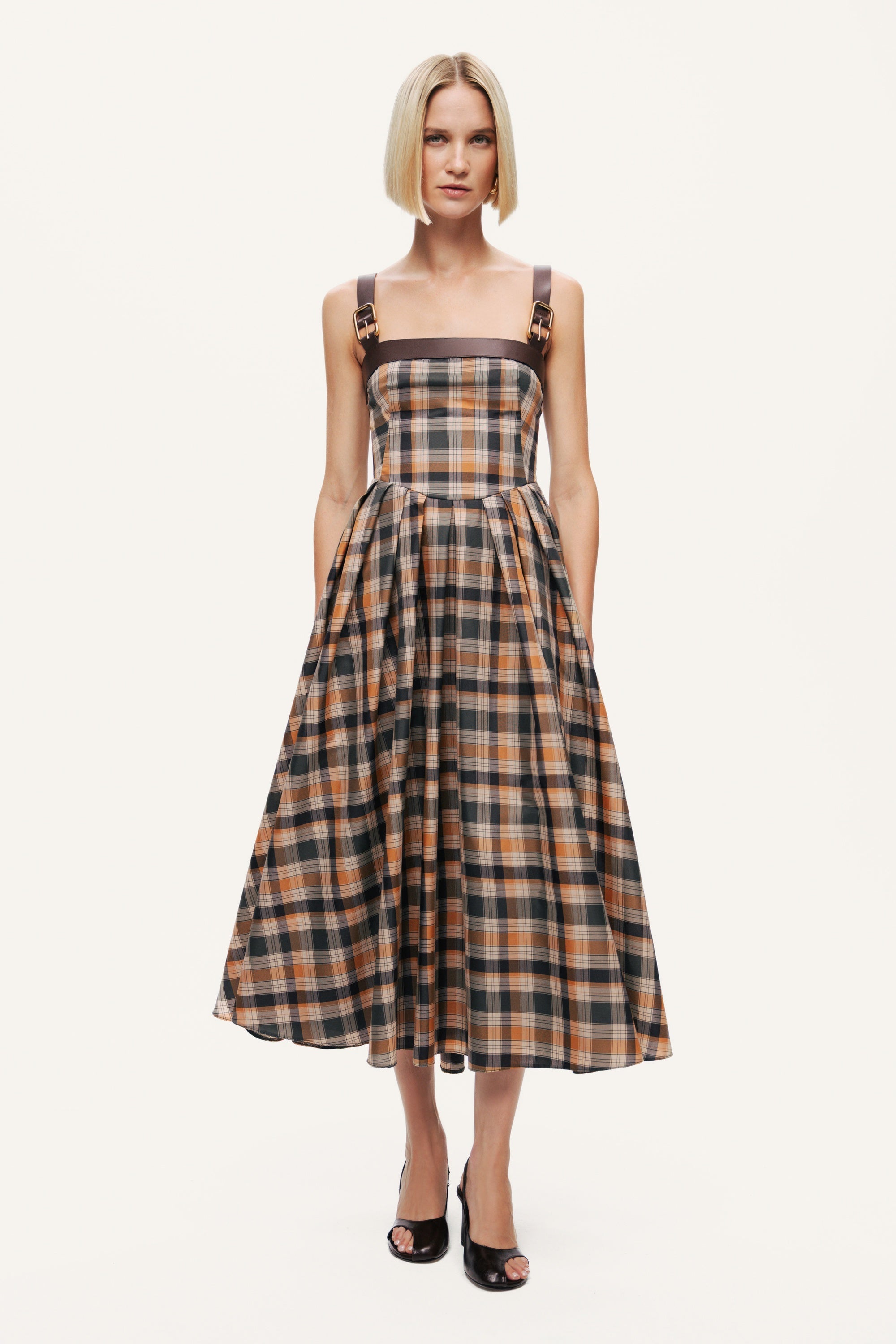 Plaid Pleated Maxi Dress with Faux Leather Belt