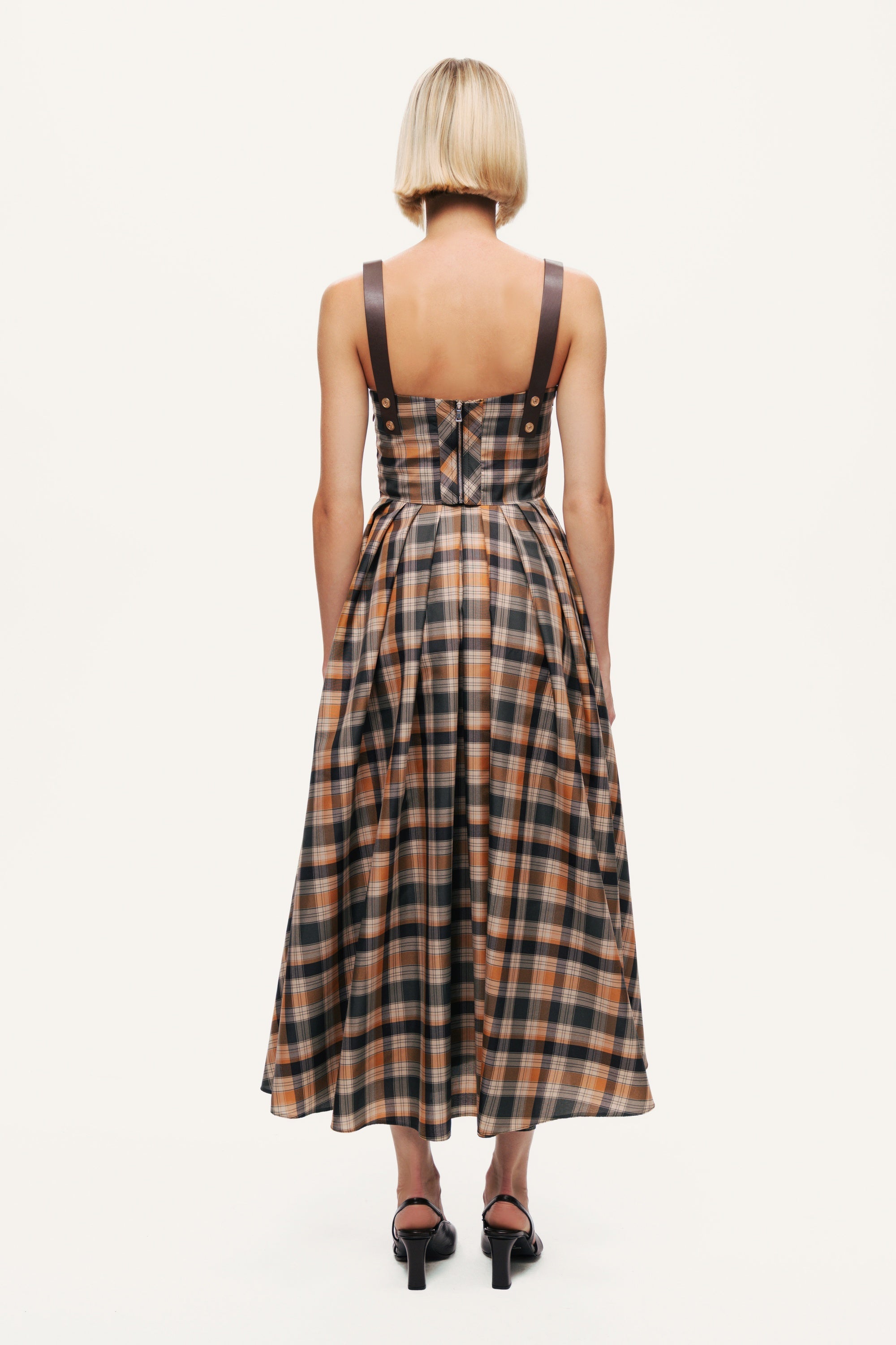 Plaid Pleated Maxi Dress with Faux Leather Belt