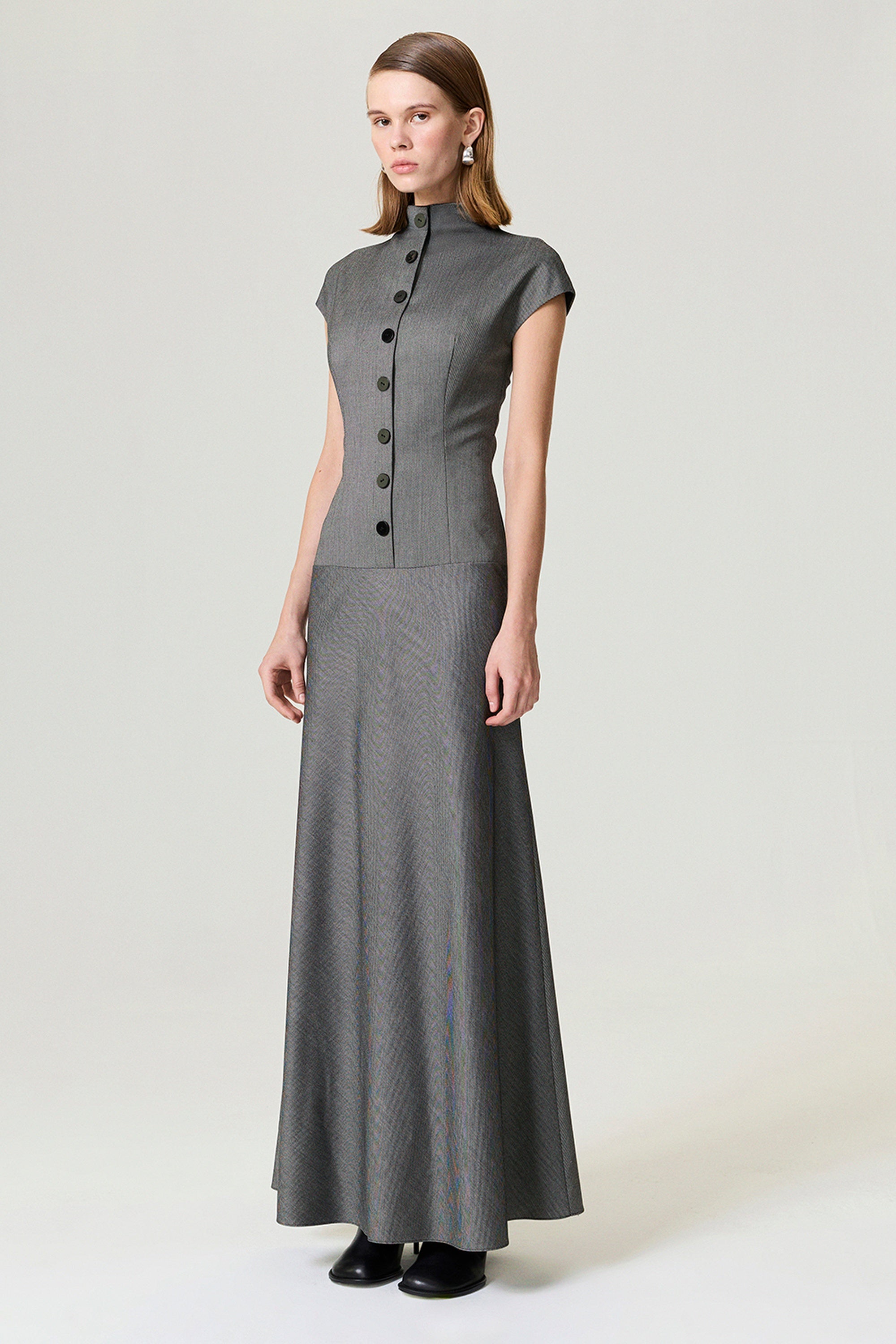 Button Accent High Neck Maxi Dress
