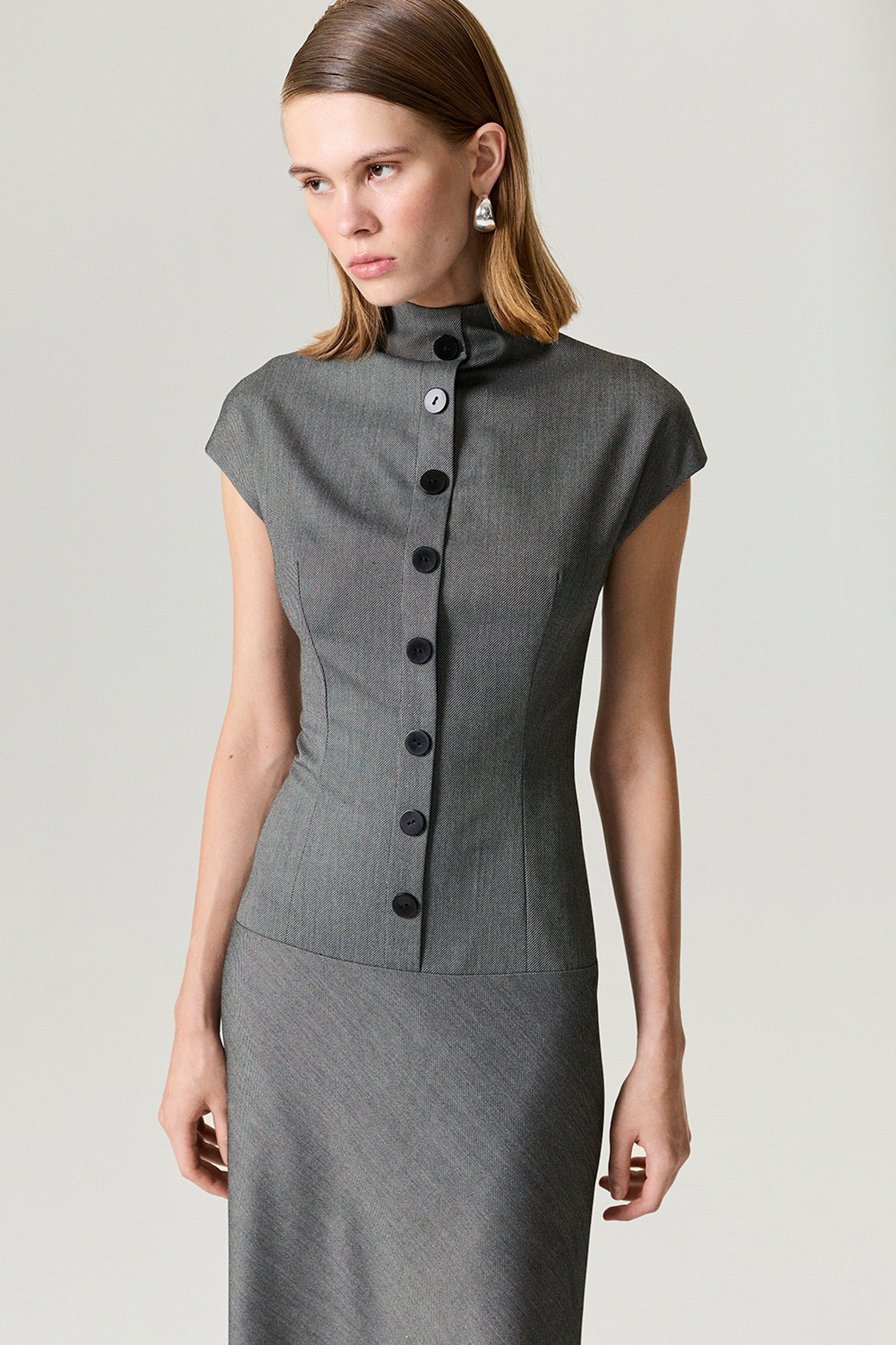 Button Accent High Neck Maxi Dress