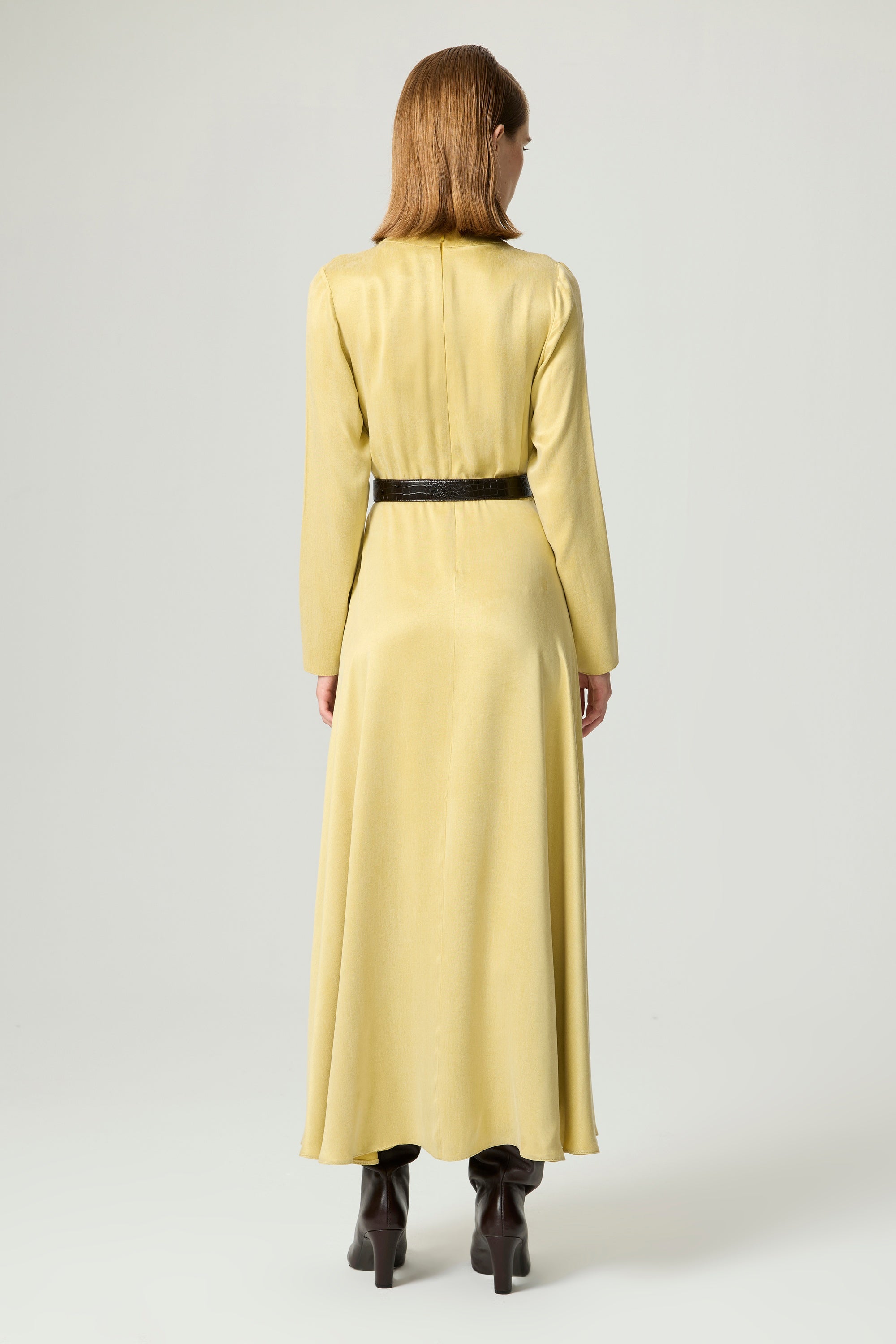 Draped Belted Long-Sleeve Maxi Dress