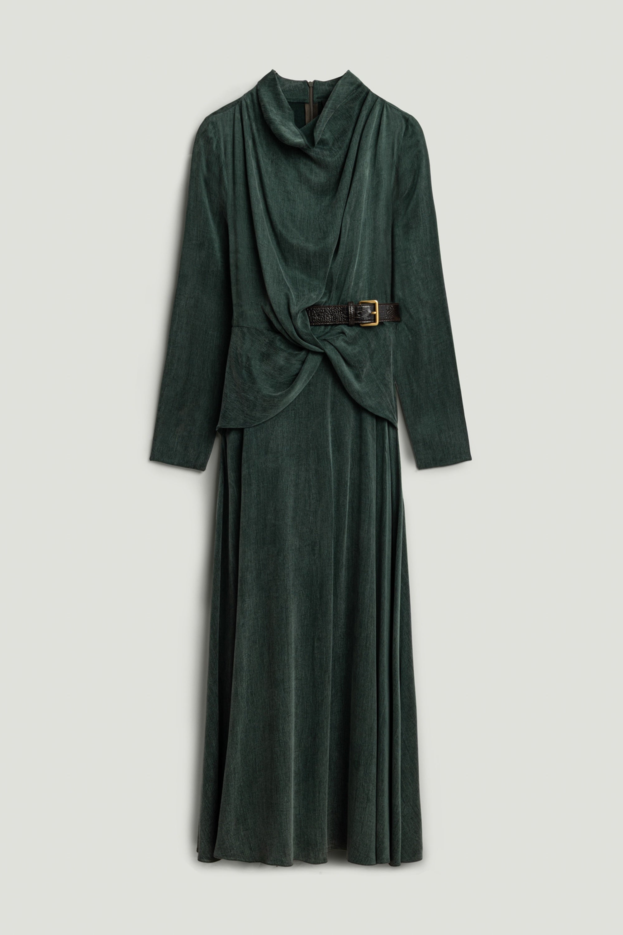 Draped Belted Long-Sleeve Maxi Dress
