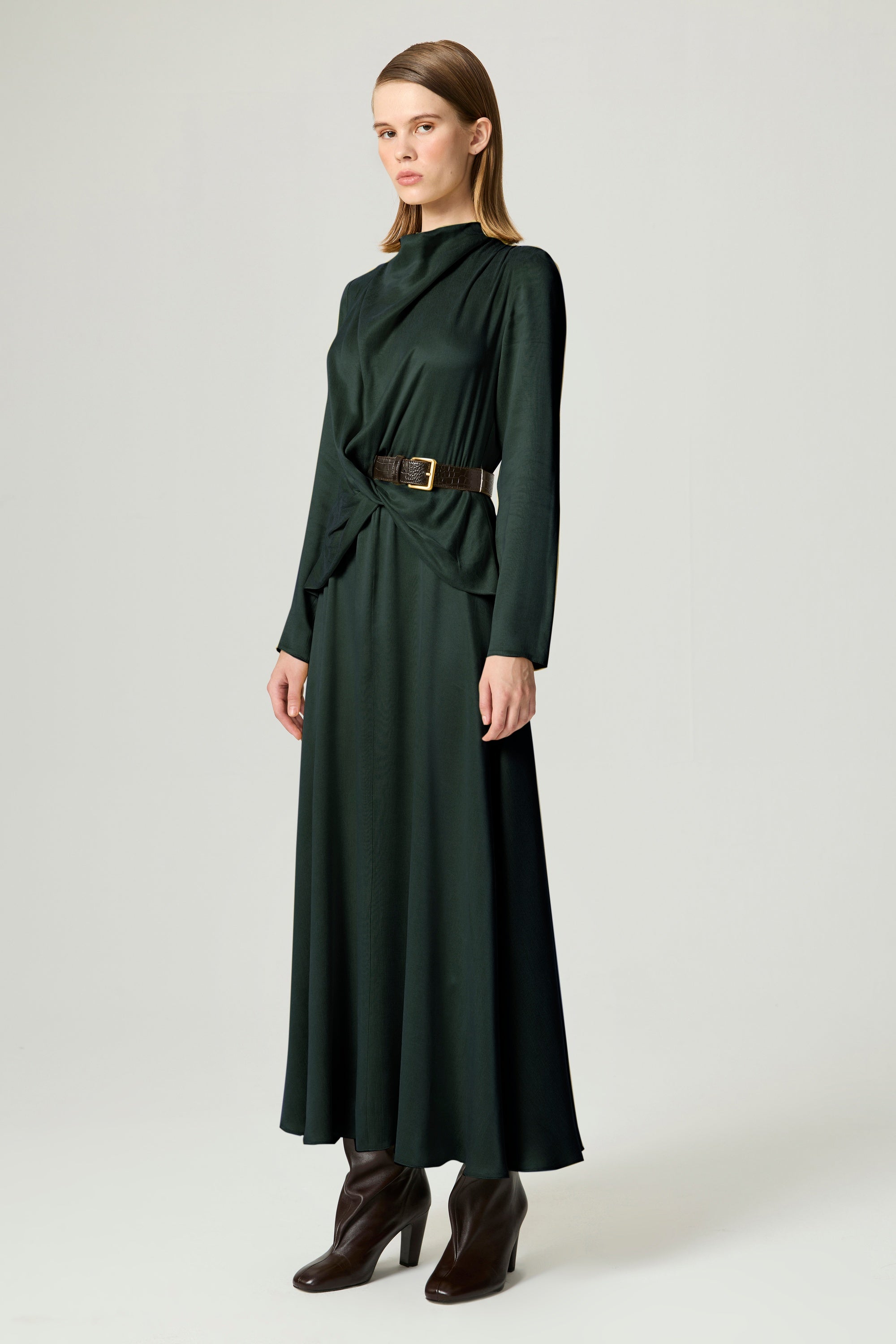 Draped Belted Long-Sleeve Maxi Dress