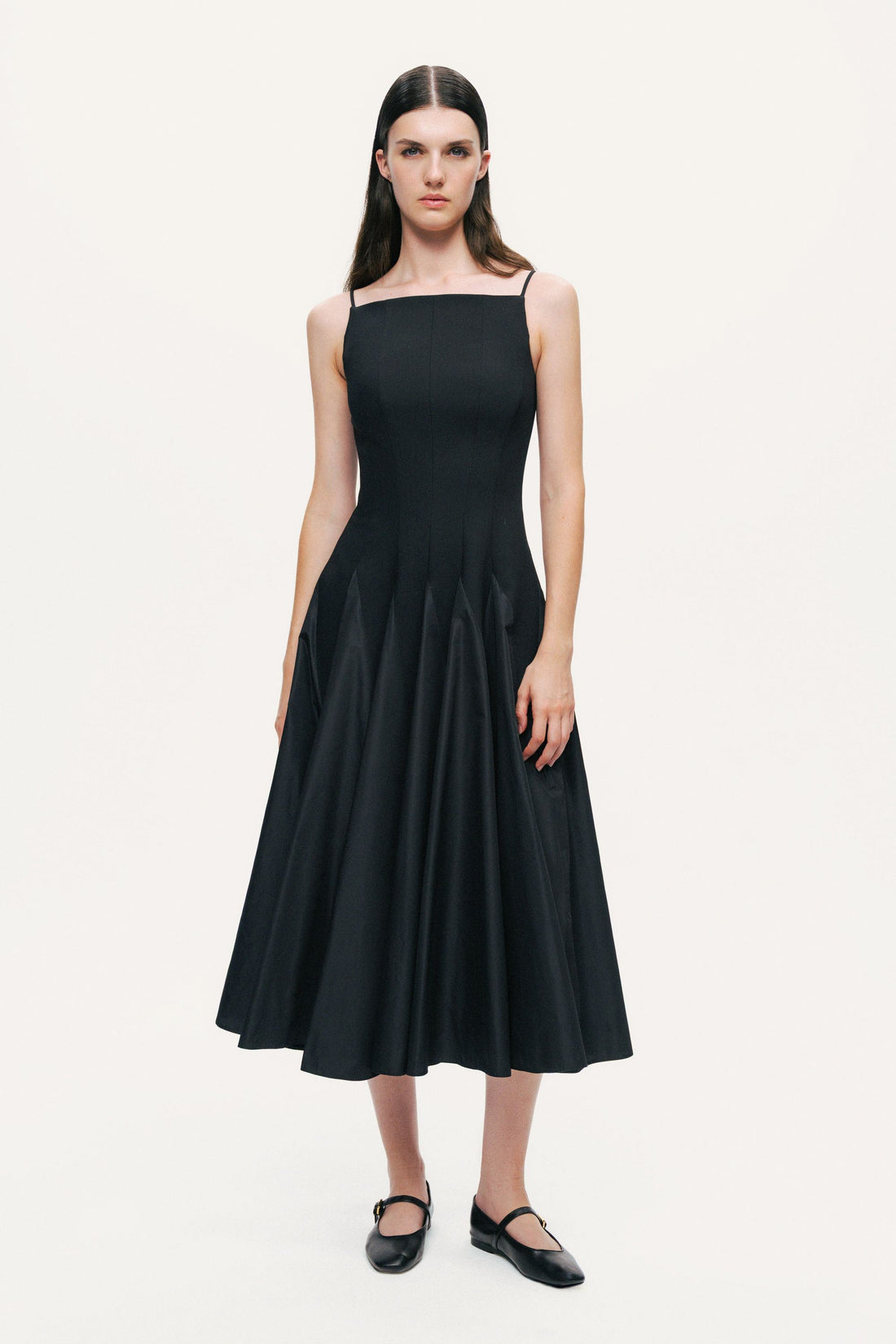 Square-Neck Pleated Midi Dress