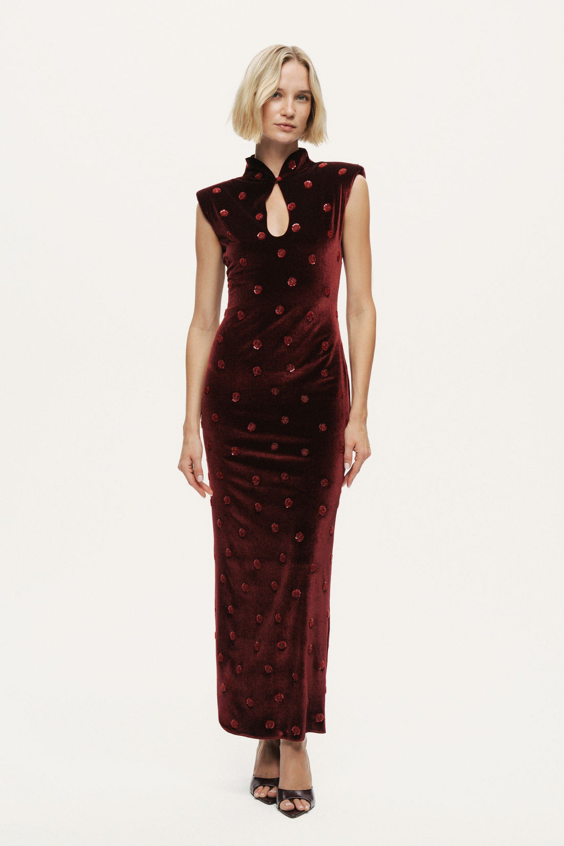 Mandarin-Collar Velvet Midi Dress