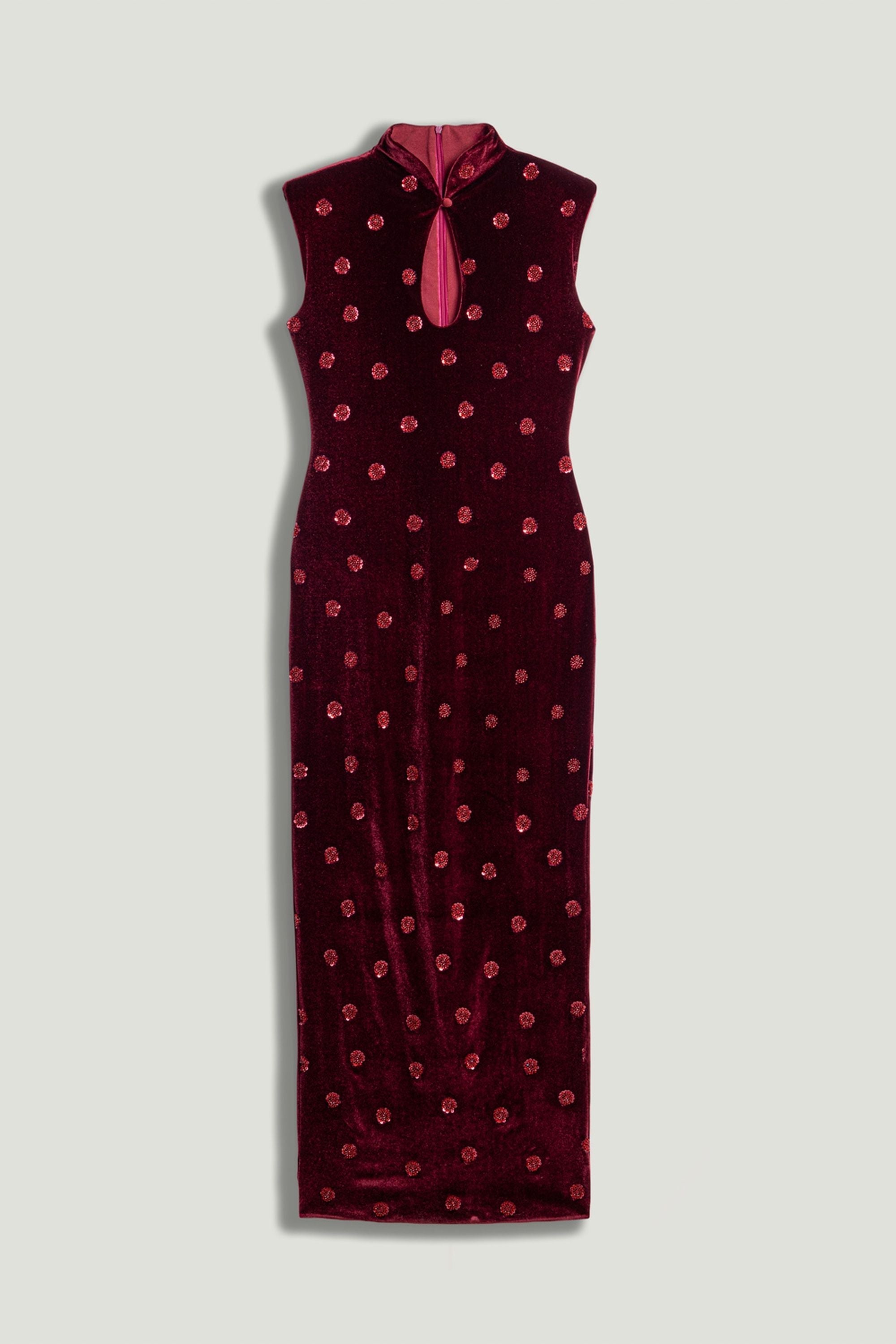 Mandarin-Collar Velvet Midi Dress