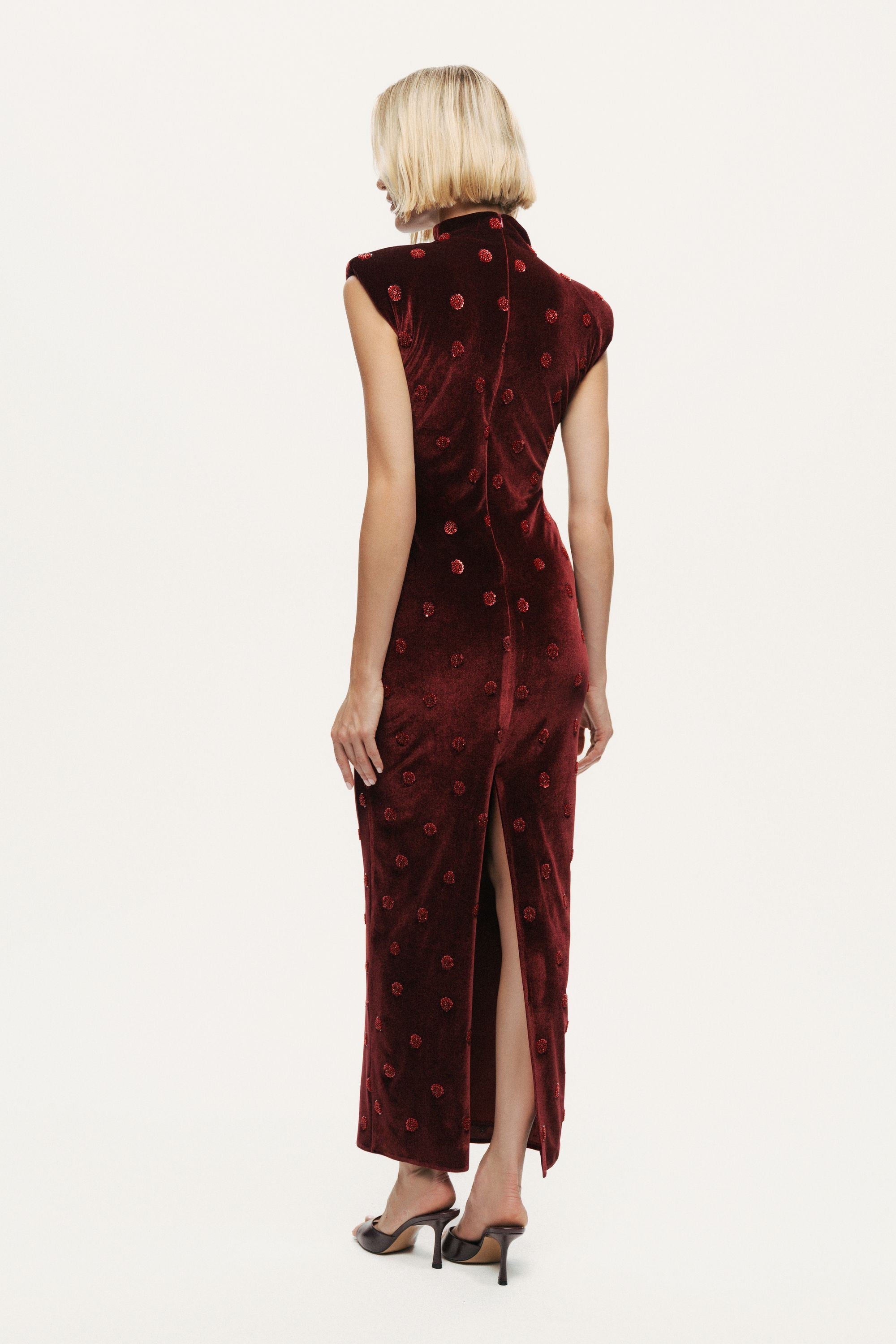 Mandarin-Collar Velvet Midi Dress