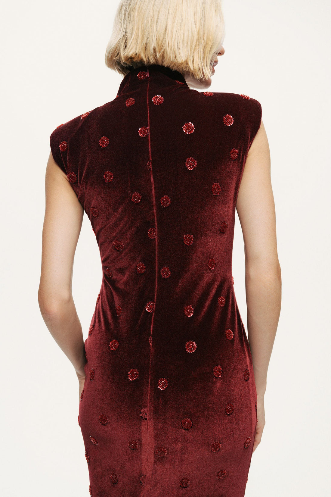 Mandarin-Collar Velvet Midi Dress