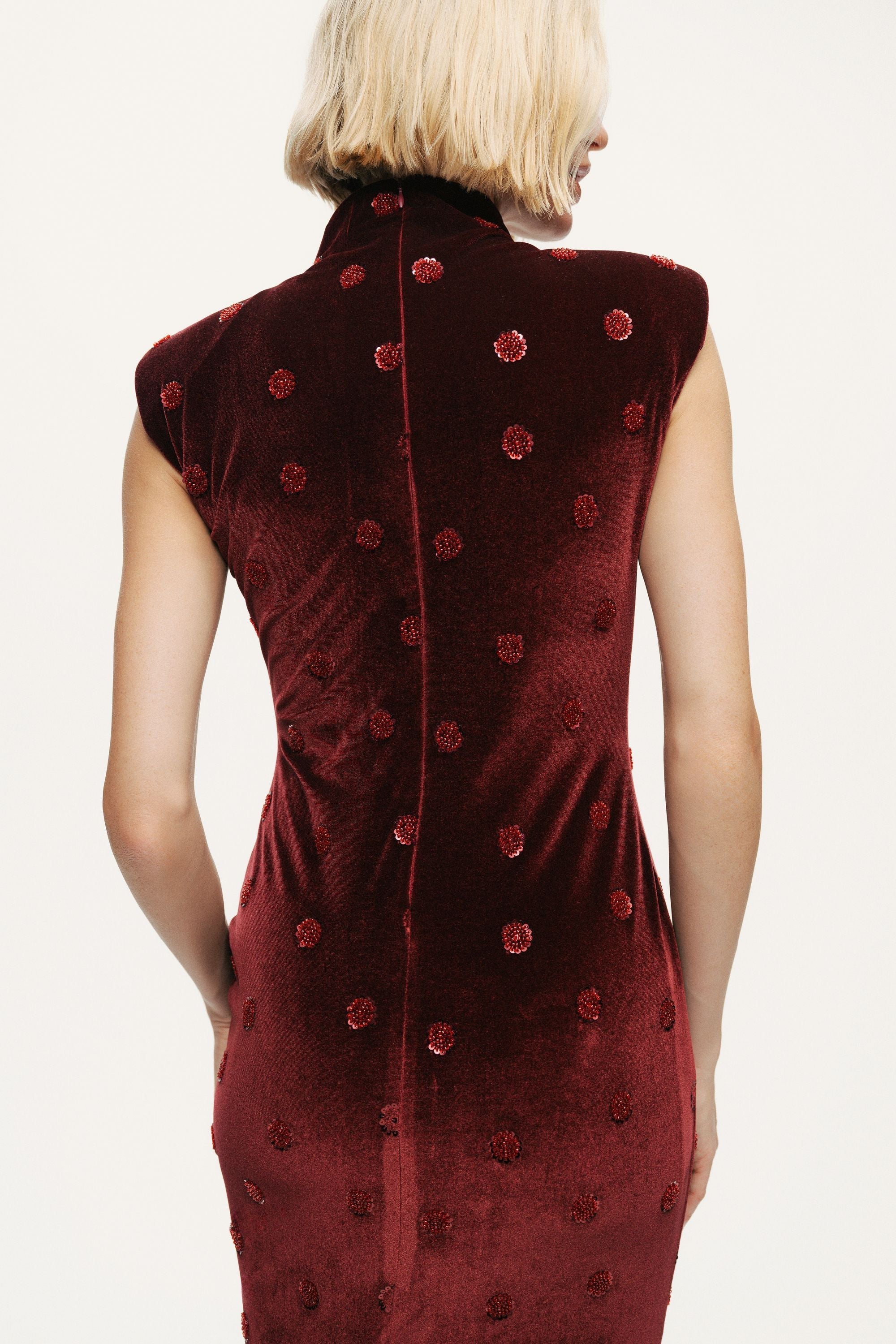 Mandarin-Collar Velvet Midi Dress