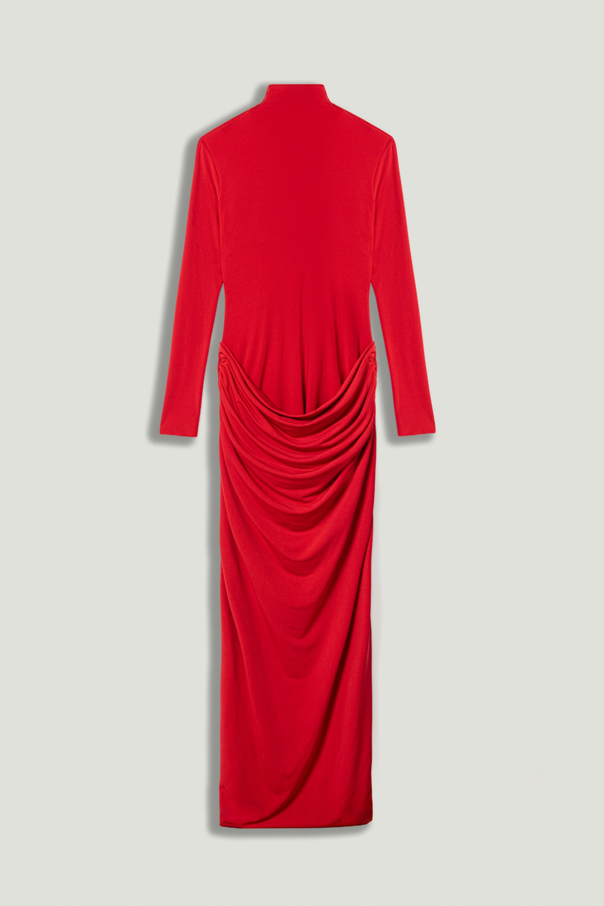 Red High-Neck Ruched Maxi Dress