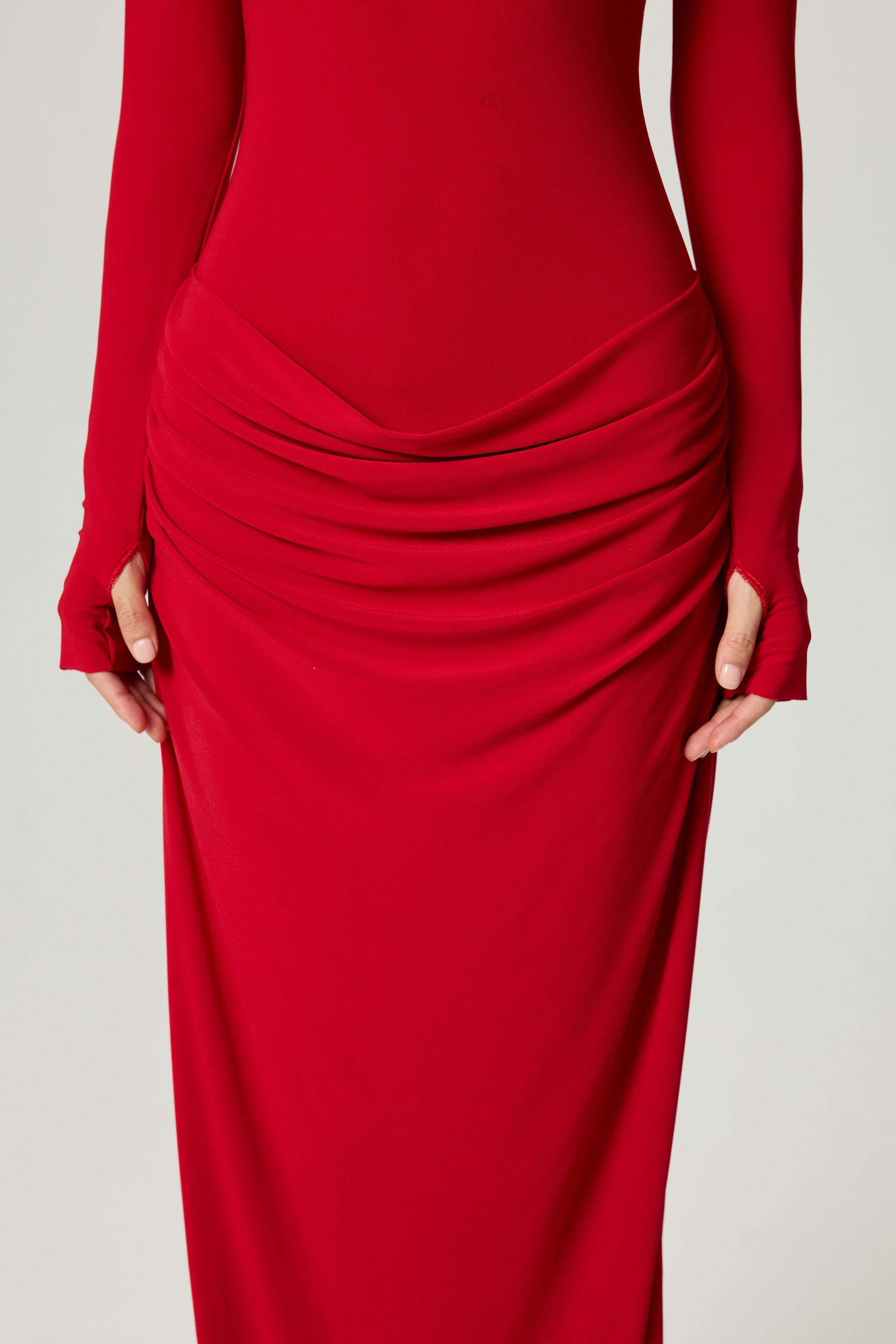 Red High-Neck Ruched Maxi Dress
