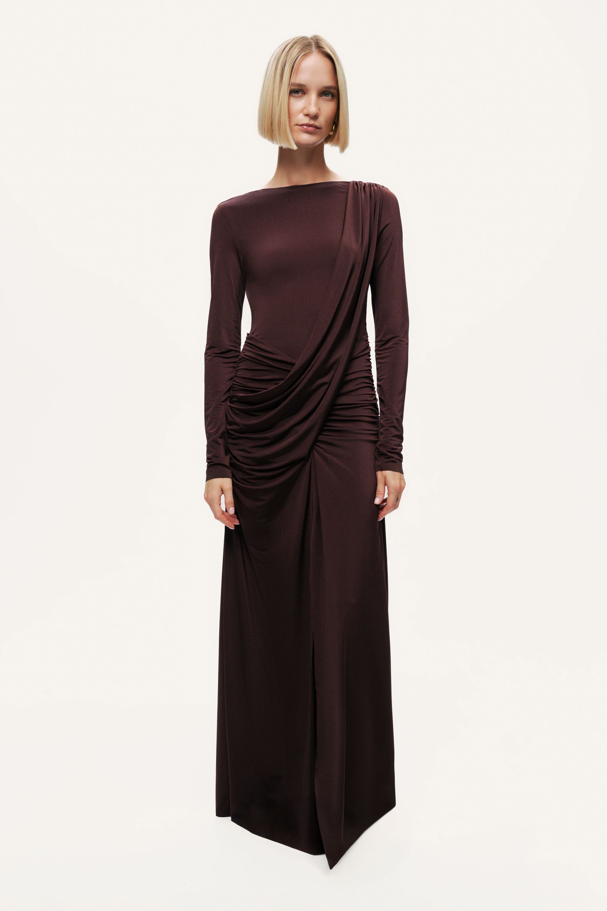 Asymmetric Draped Open-Back Dress