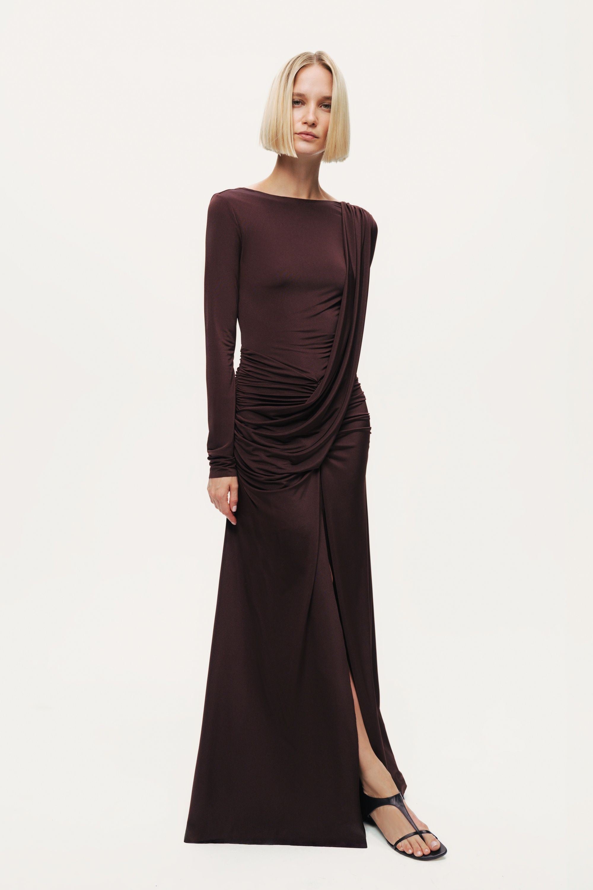 Asymmetric Draped Open-Back Dress