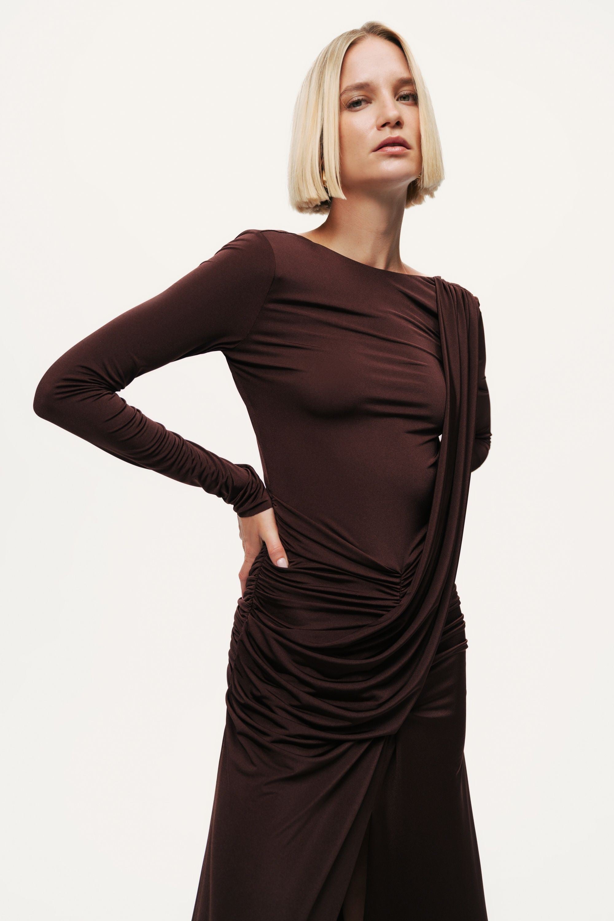 Asymmetric Draped Open-Back Dress