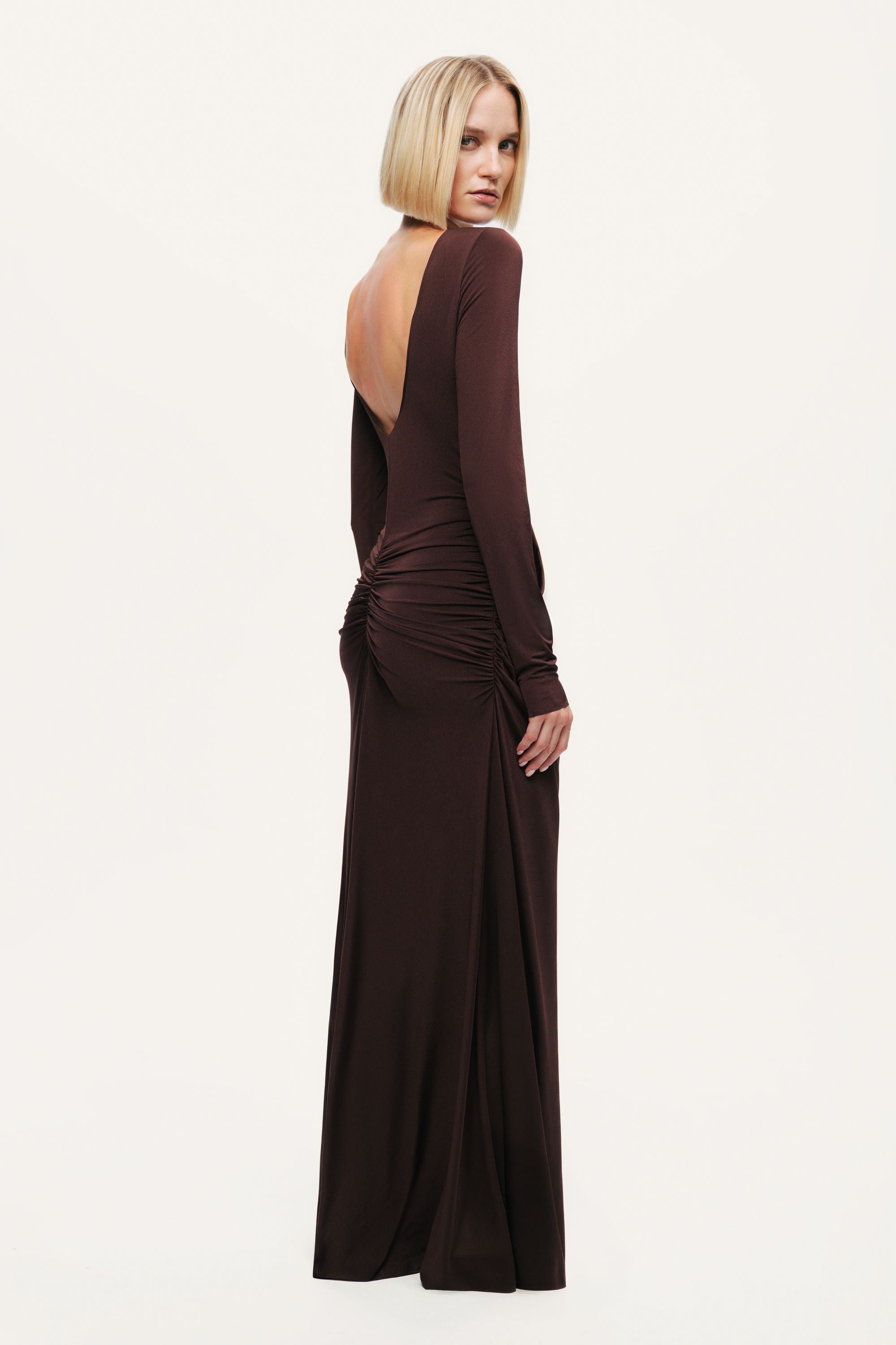 Asymmetric Draped Open-Back Dress