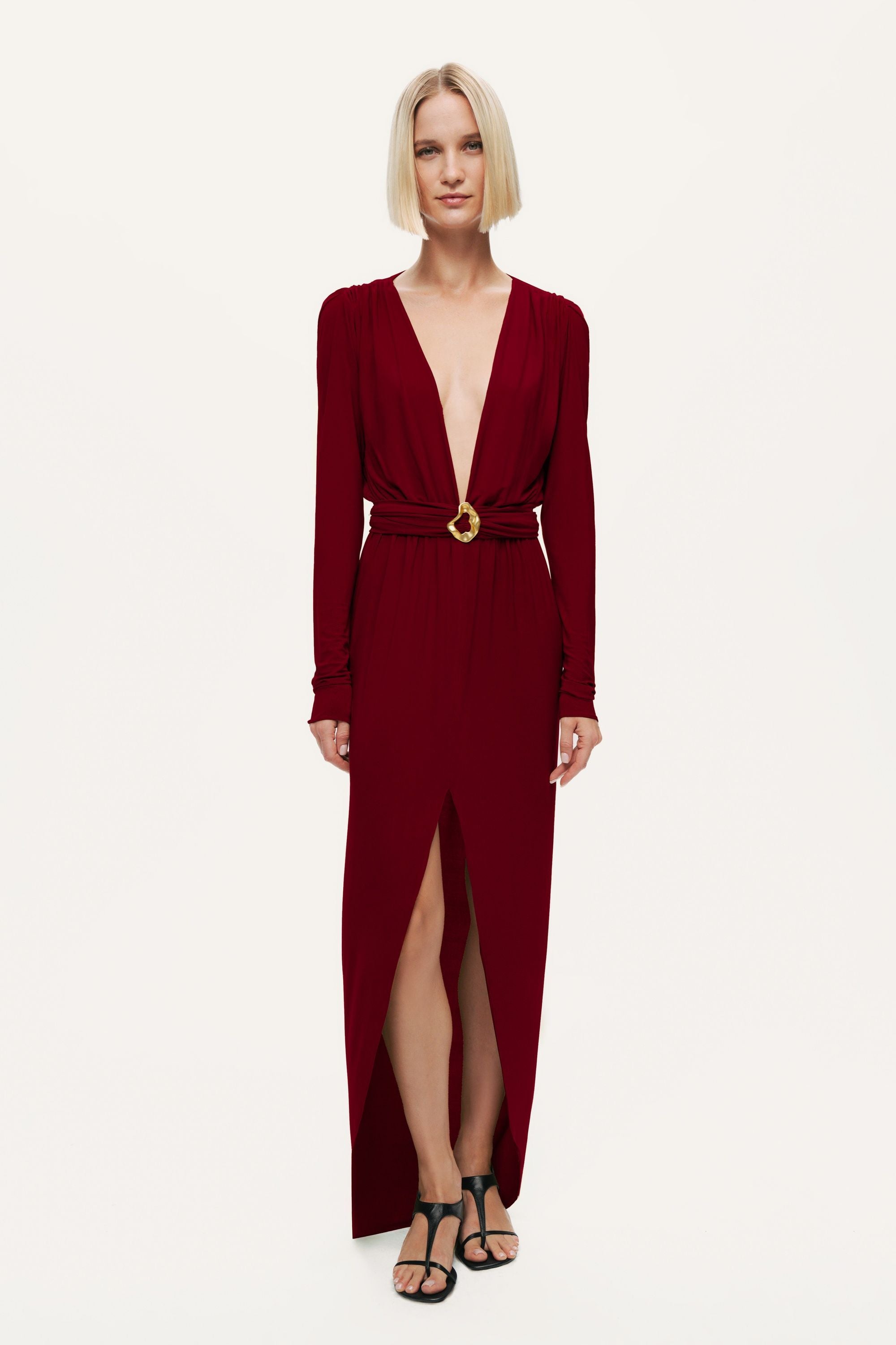 Deep Plunge Belted Jersey Maxi Dress
