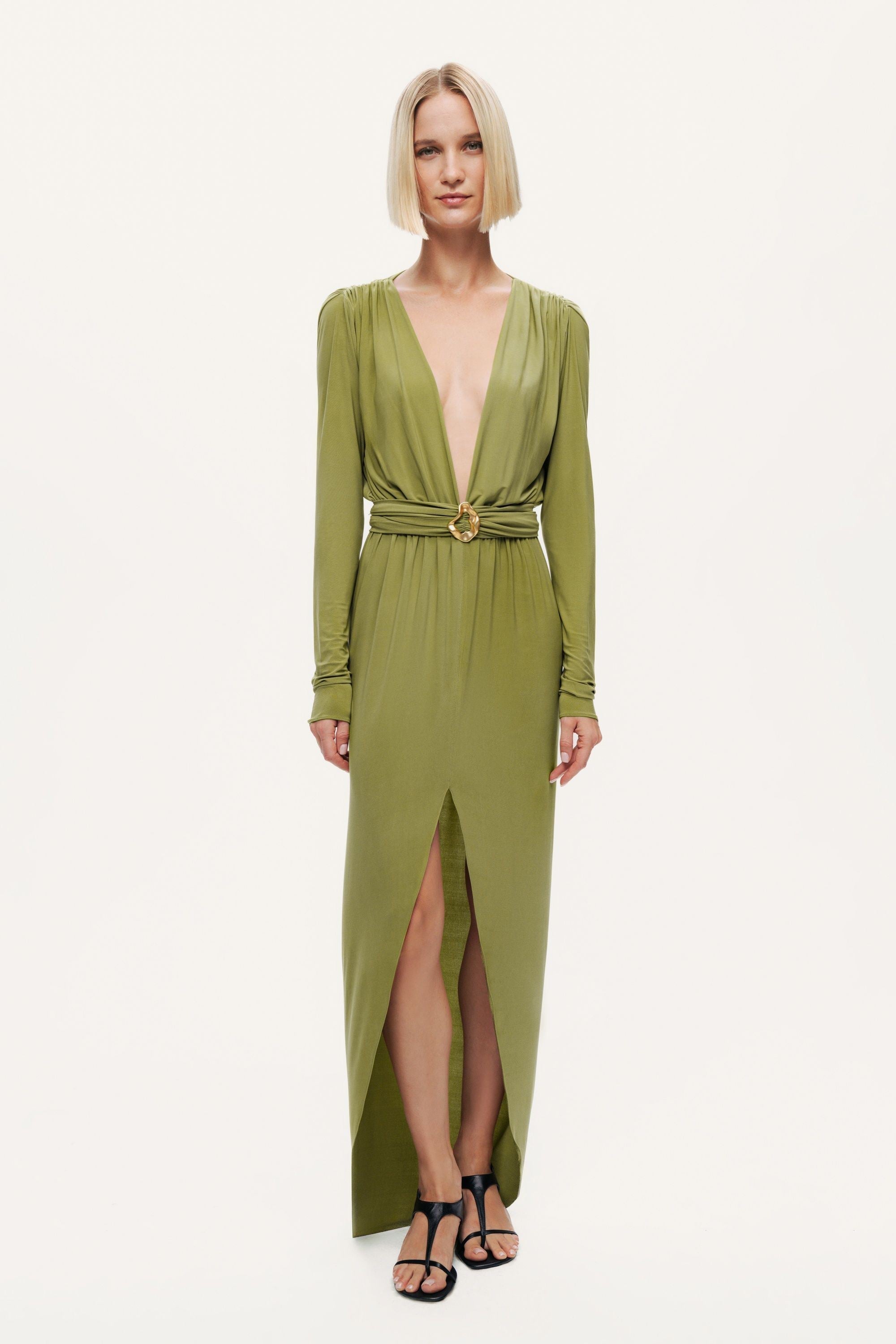 Deep Plunge Belted Jersey Maxi Dress