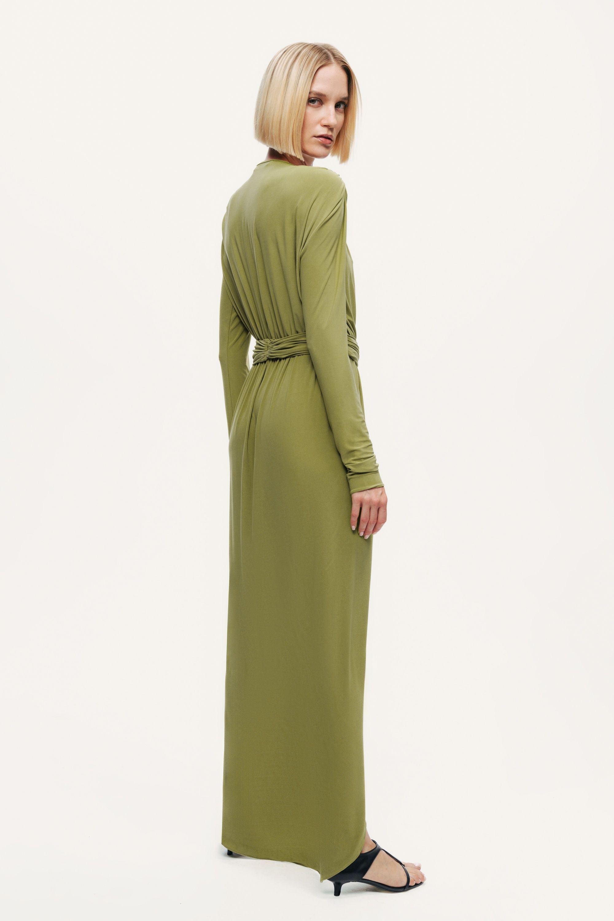 Deep Plunge Belted Jersey Maxi Dress