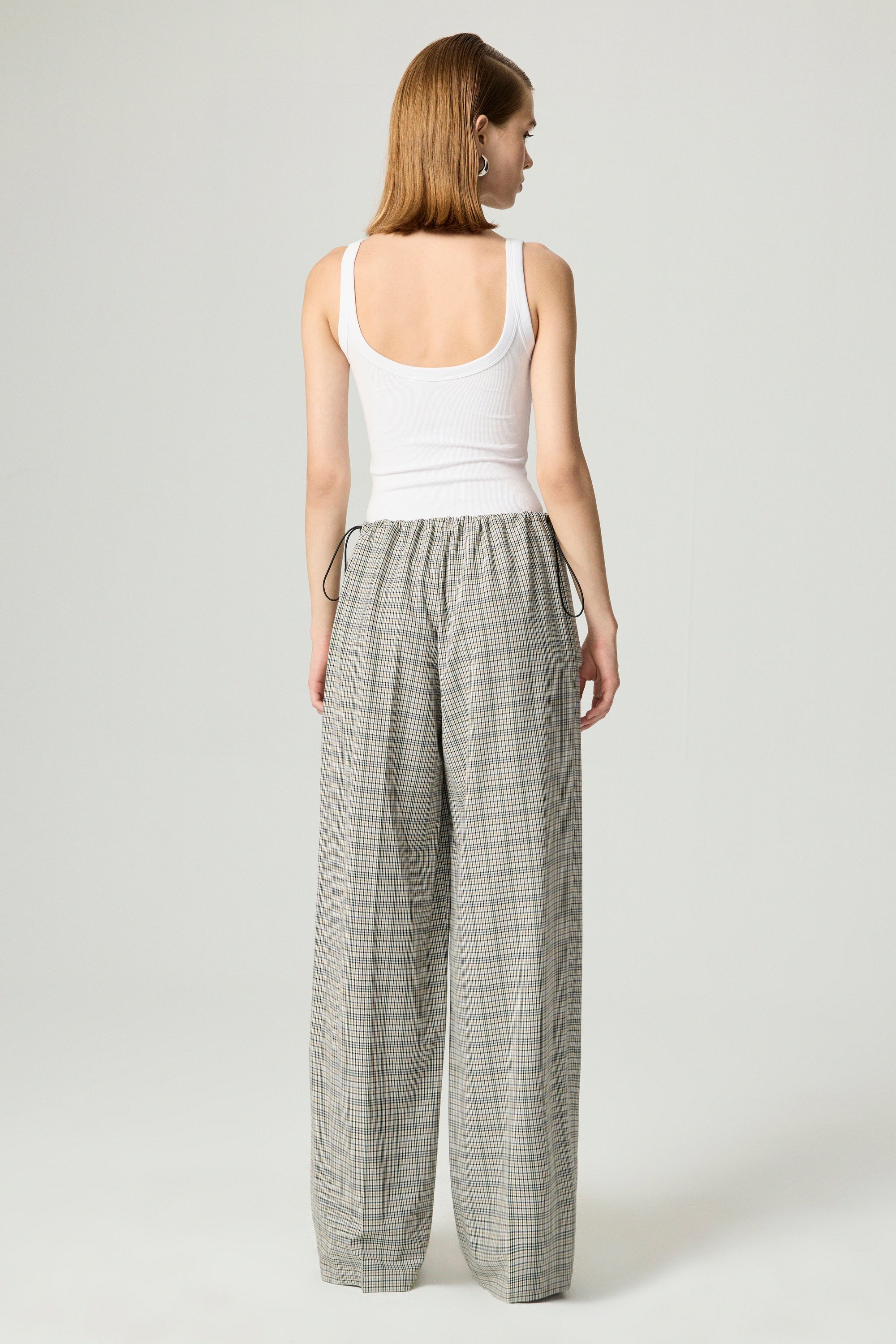 Plaid Wide-Leg Drawstring Pants