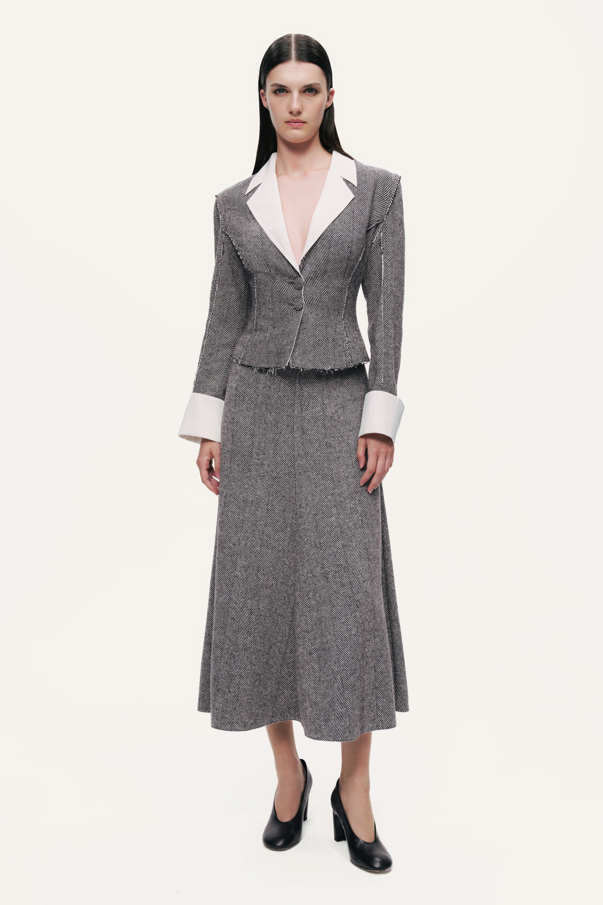 Herringbone Pattern Flared Midi Skirt