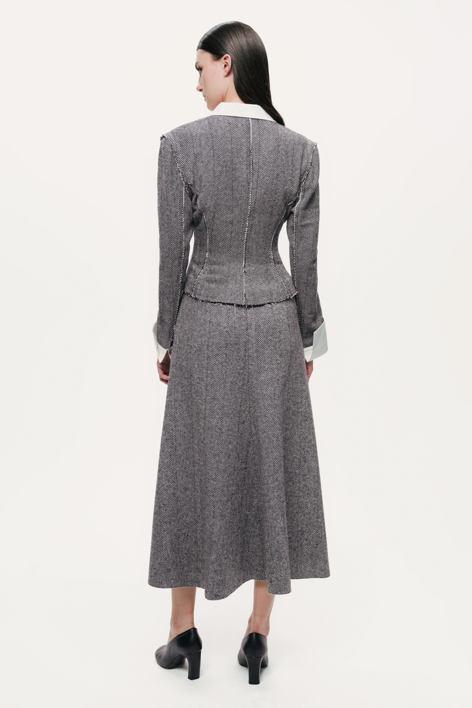 Herringbone Pattern Flared Midi Skirt