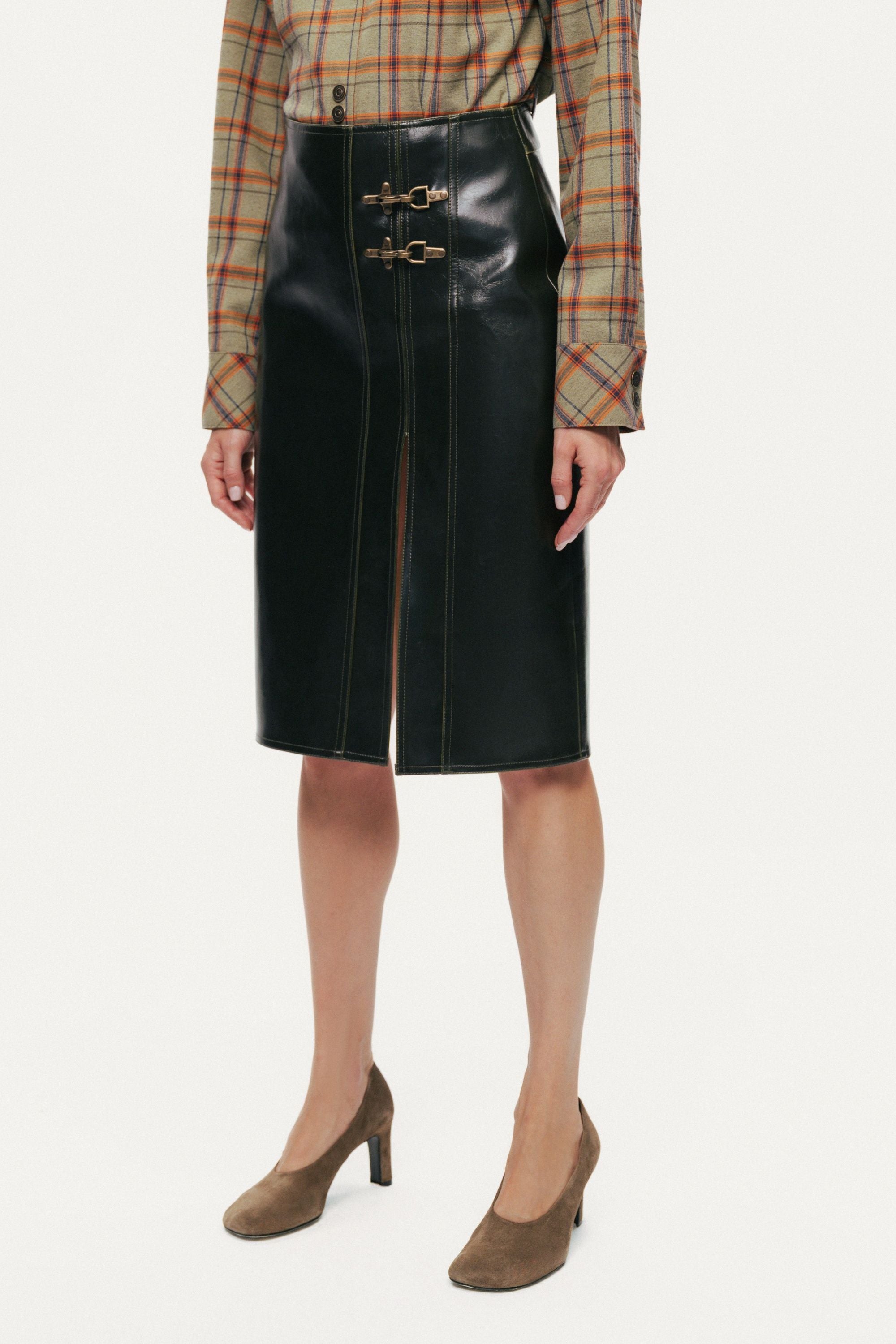 Buckle Detail Front-Slit Skirt