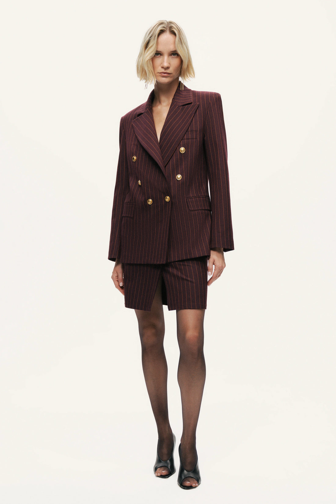 Pinstripe Belted Pencil Skirt