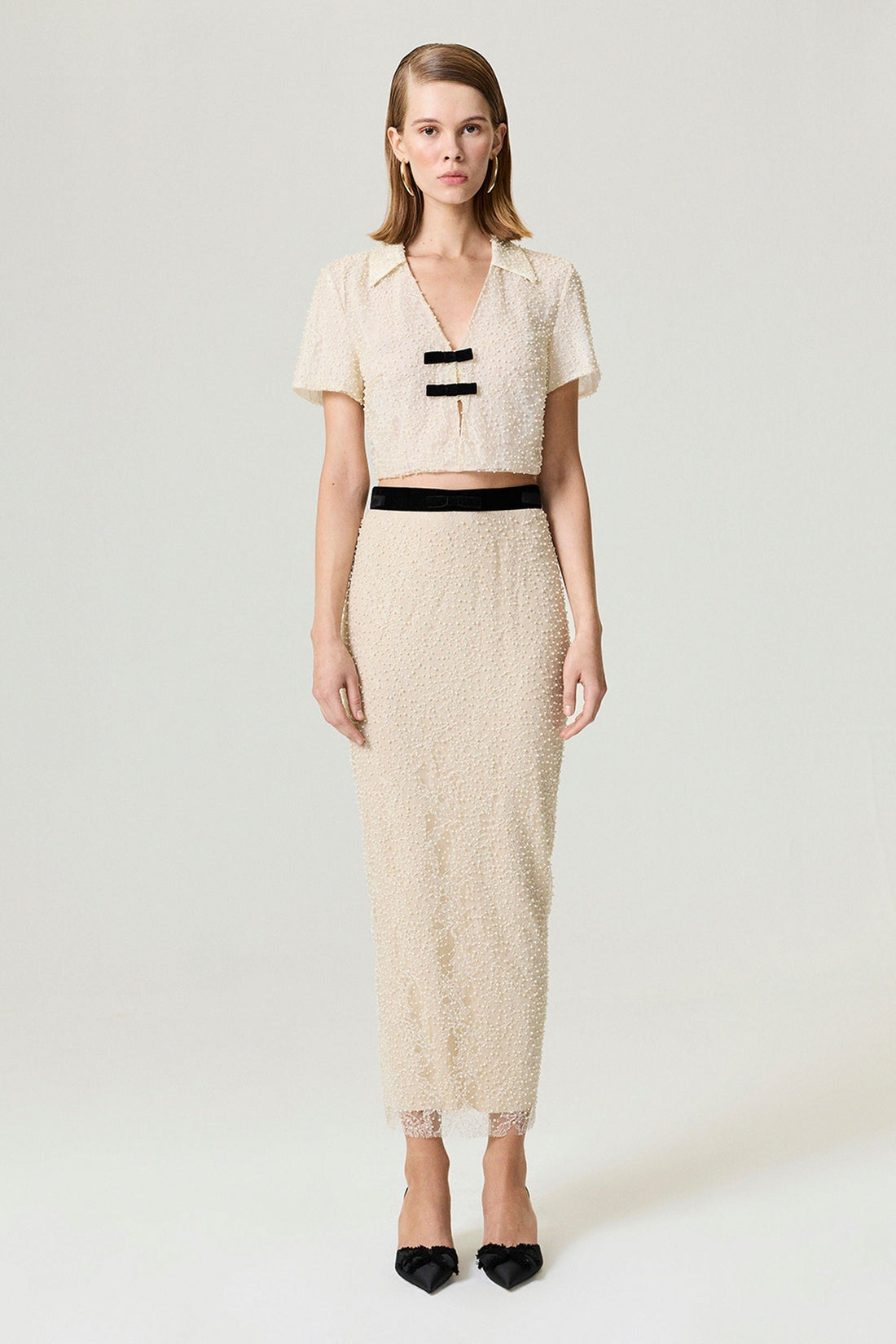 Pearl Embellished Bow Crop Blouse