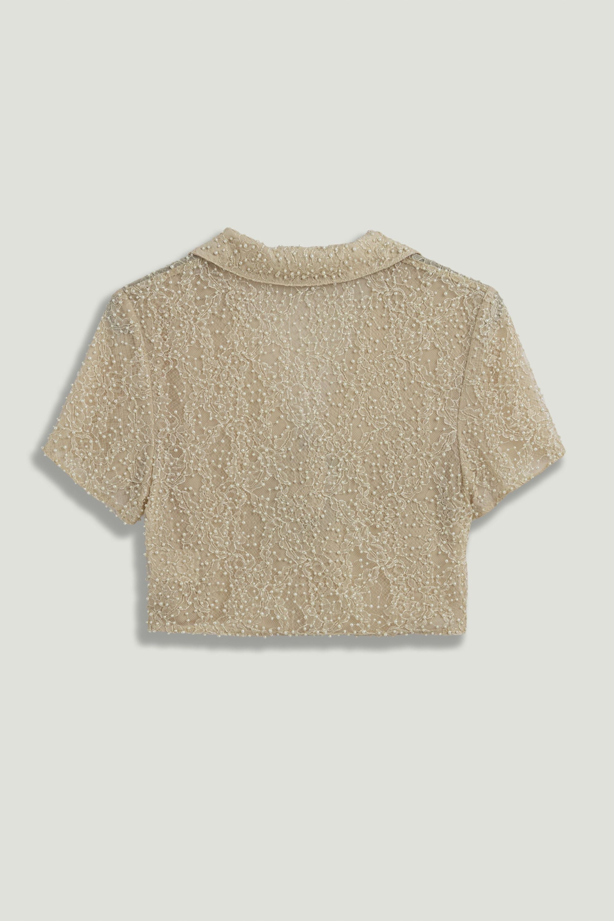 Pearl Embellished Bow Crop Blouse