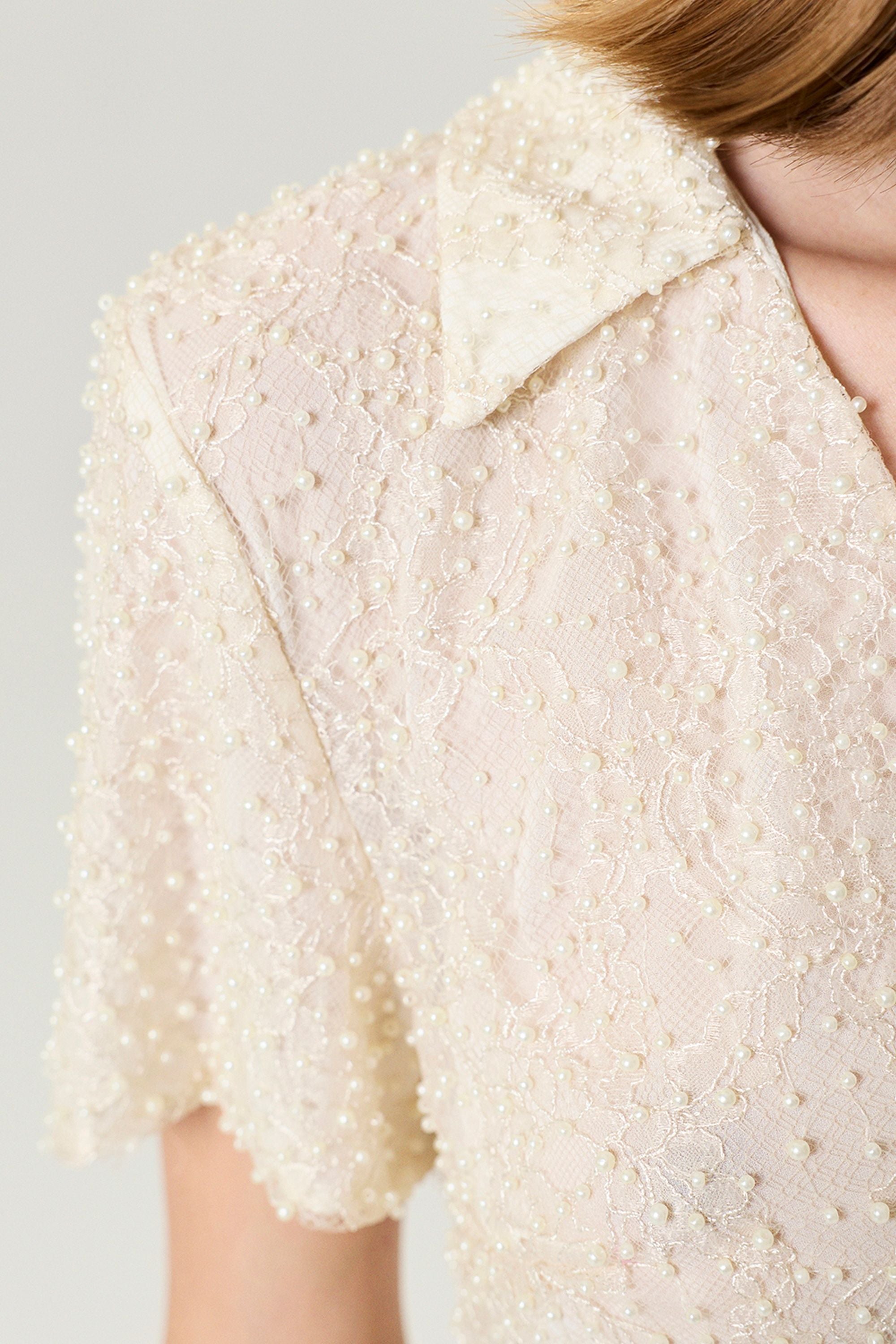 Pearl Embellished Bow Crop Blouse