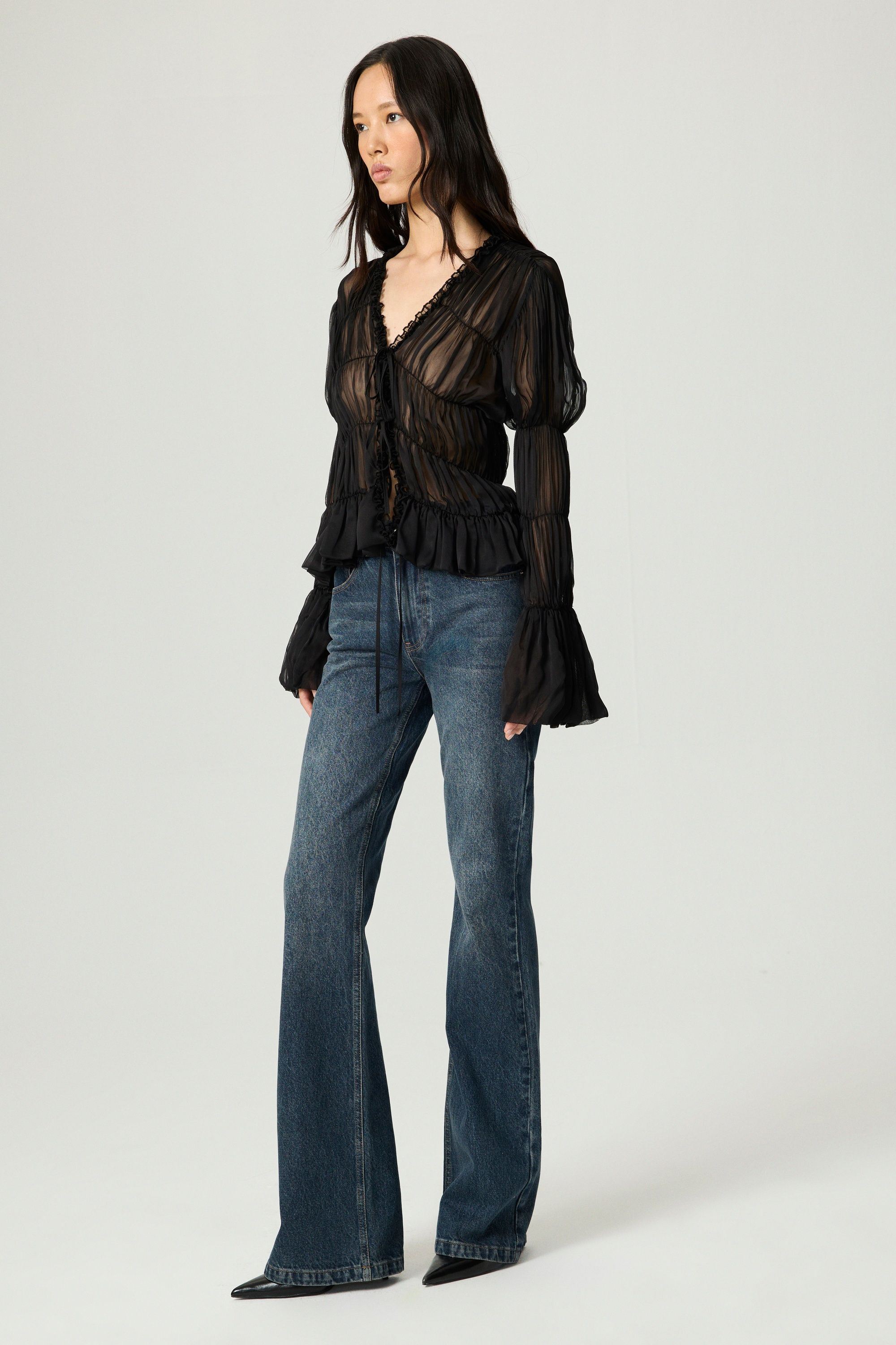 Black Ruched Sheer Blouse