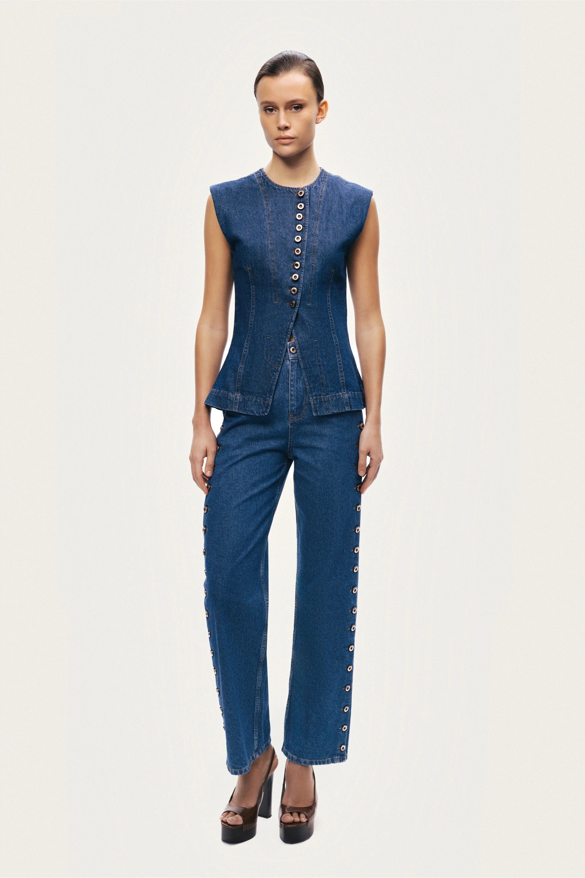 Eyelet Detail Wide-Leg Denim Pants