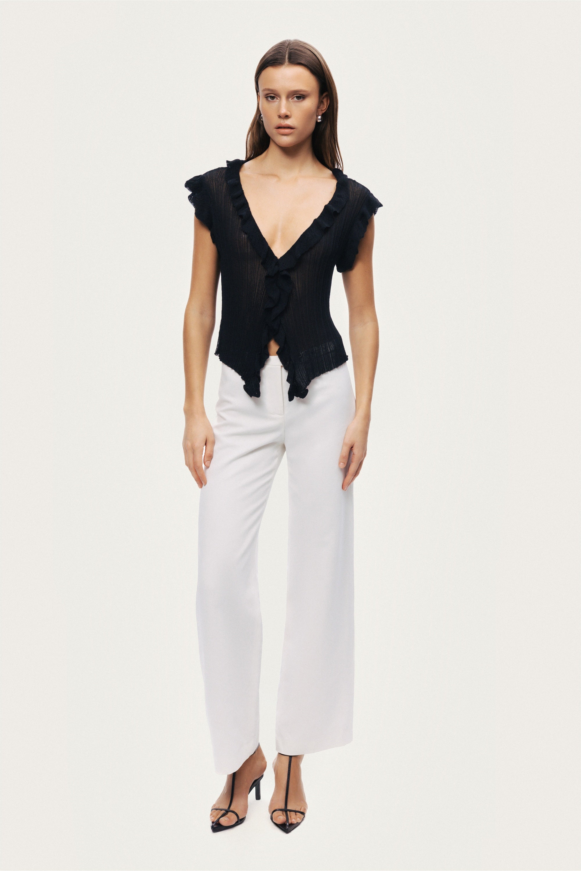 Ruffled V-Neck Sheer Blouse