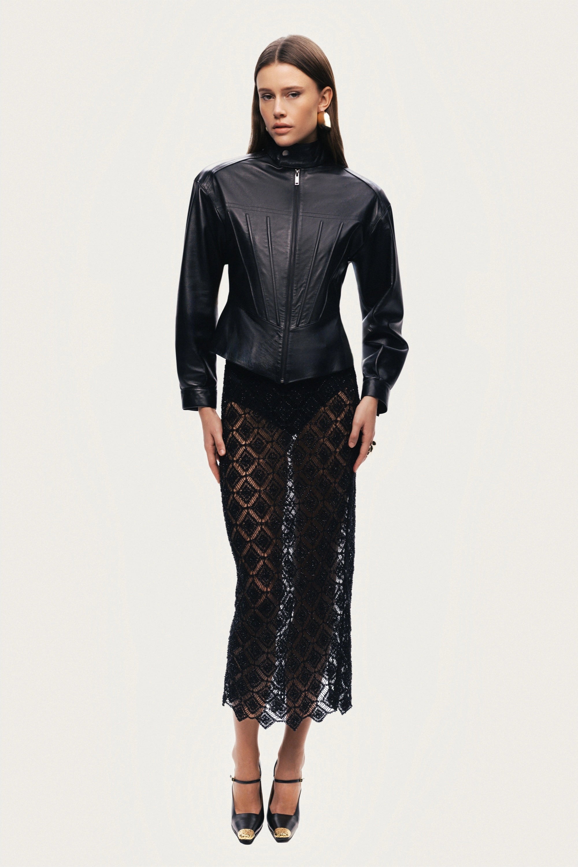 Zip-Front Fitted Leather Jacket