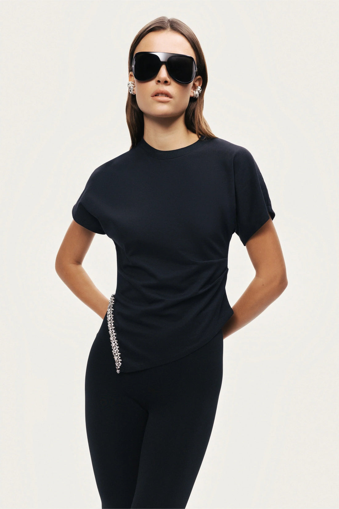 Black Embellished Asymmetric T-Shirt