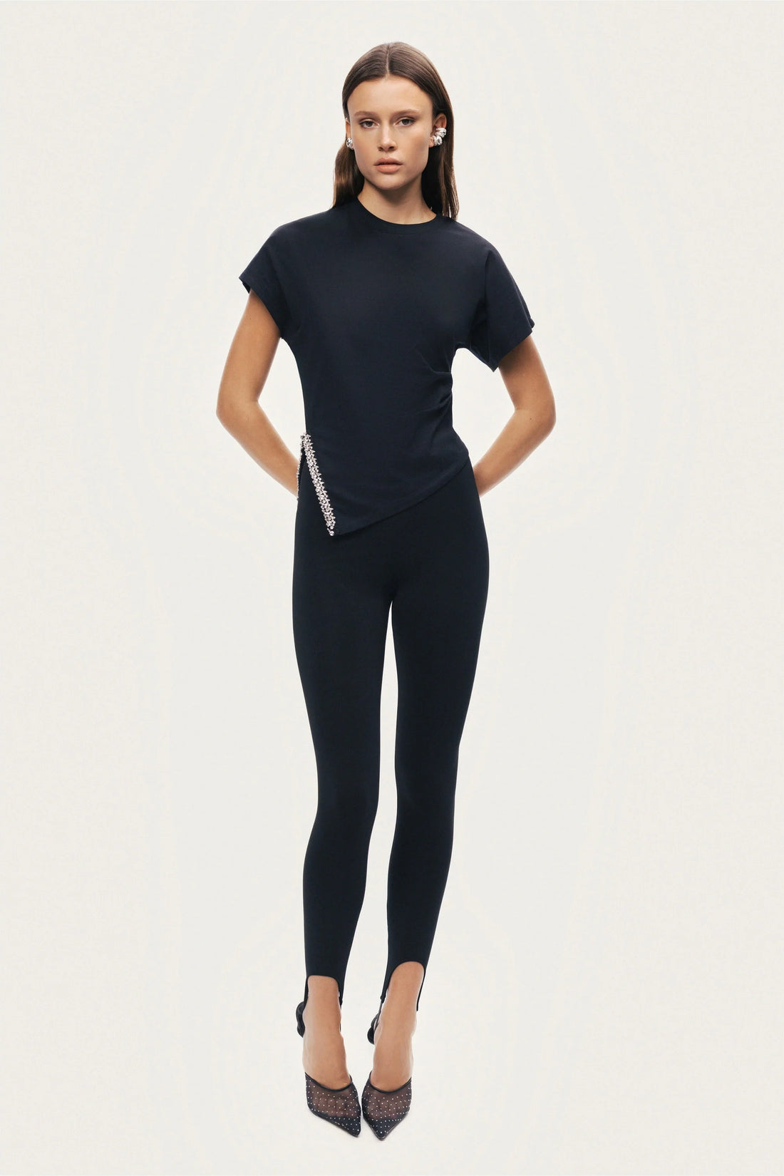 Black Embellished Asymmetric T-Shirt