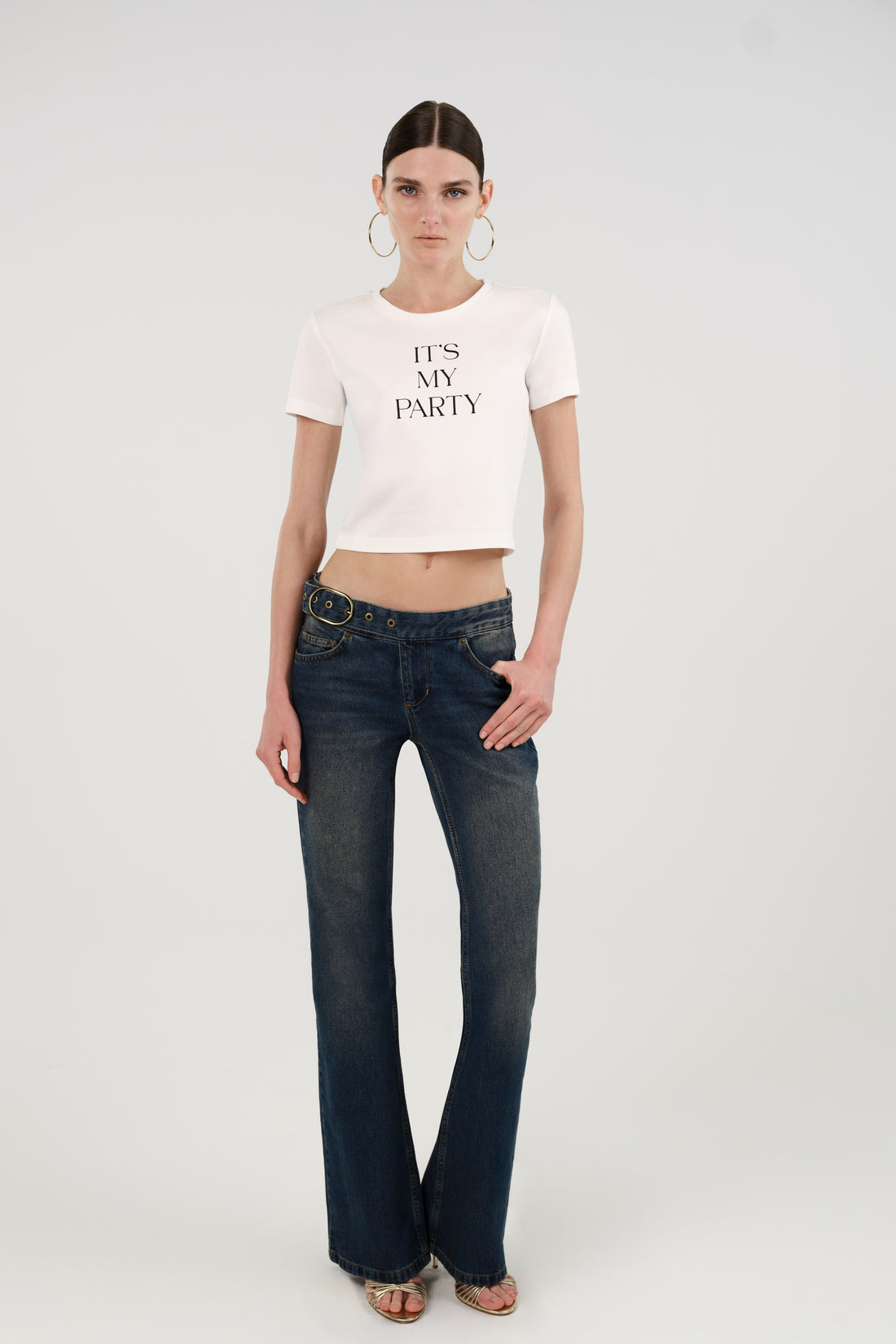 Belted Denim Flare Trousers