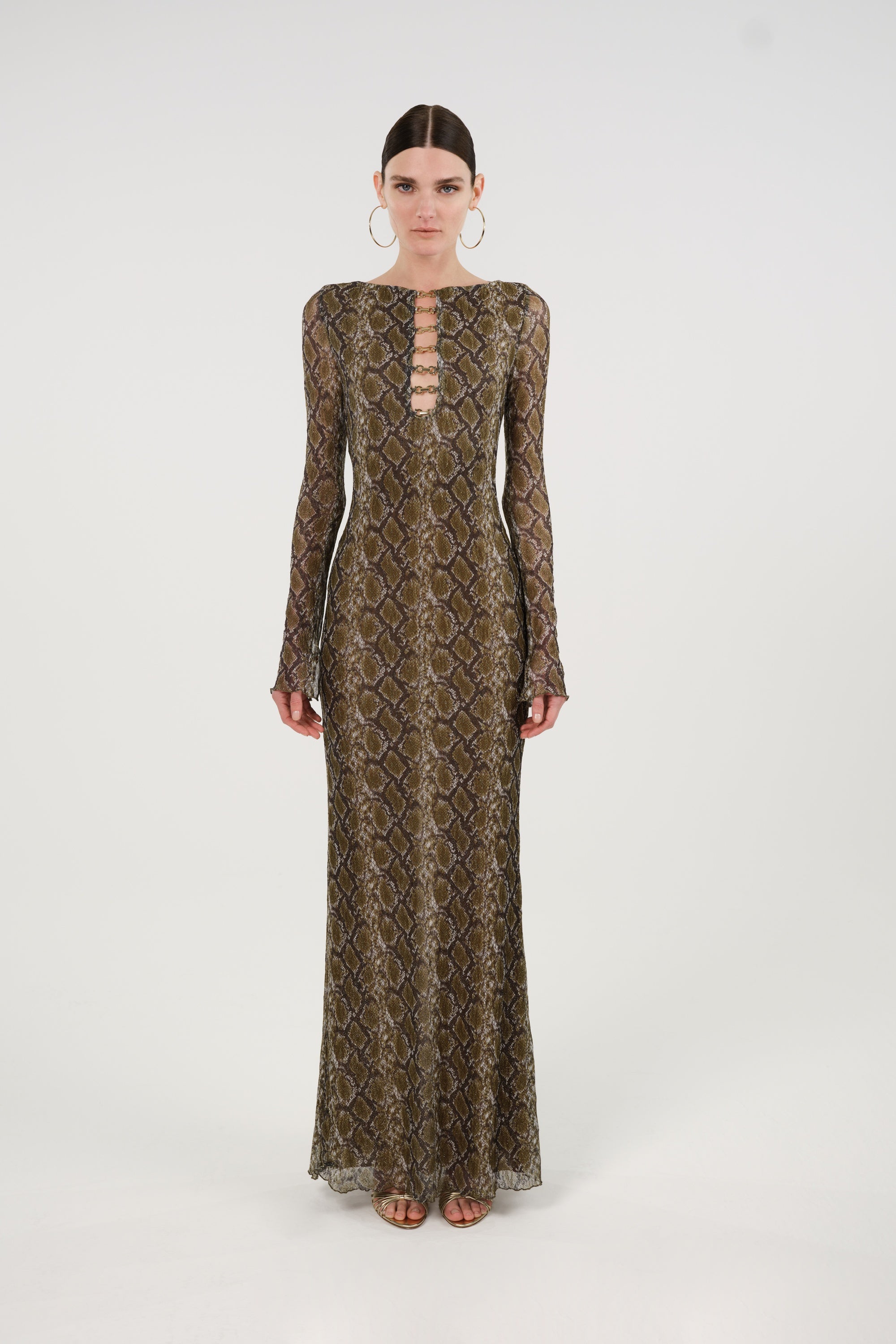 Snake Print Ring Detail Long Sleeve Maxi Dress