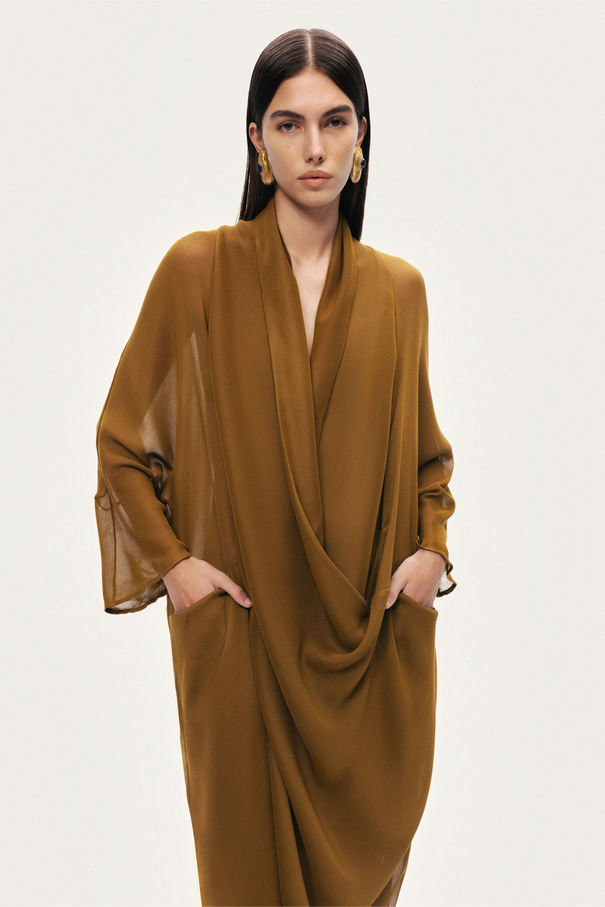 Draped V-Neck Midi Dress