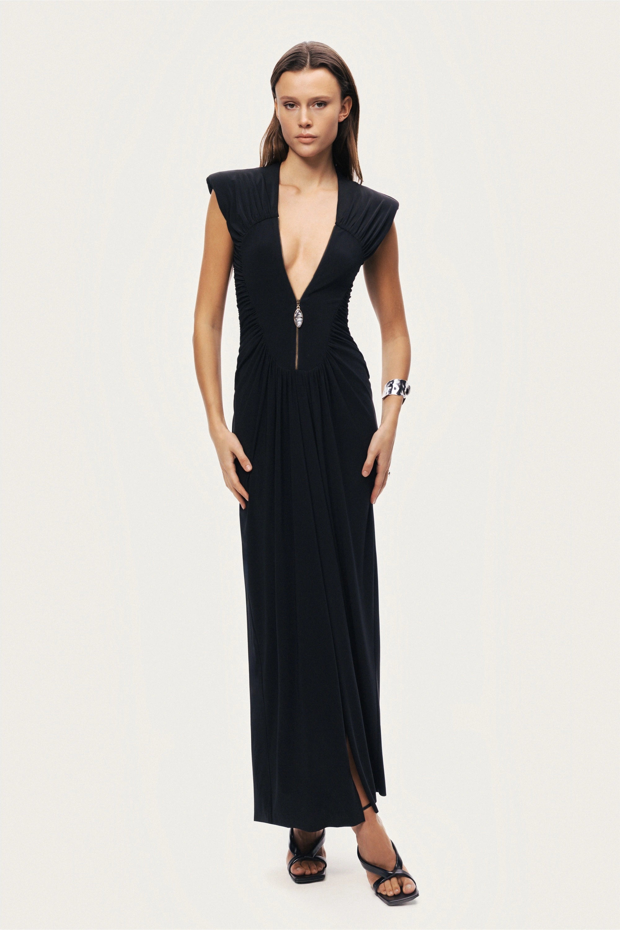 Ruched Deep V-Neck Maxi Dress