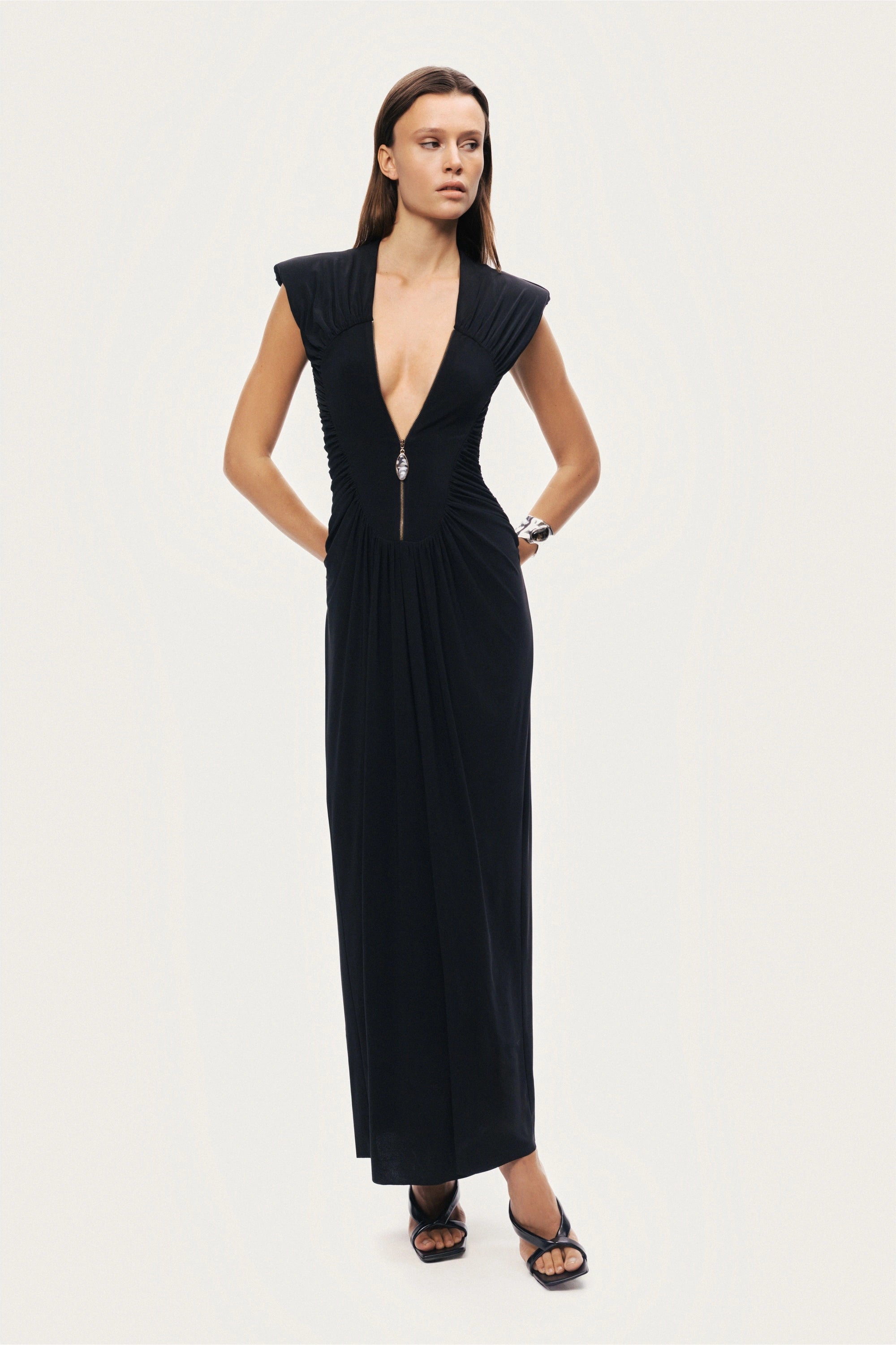 Ruched Deep V-Neck Maxi Dress
