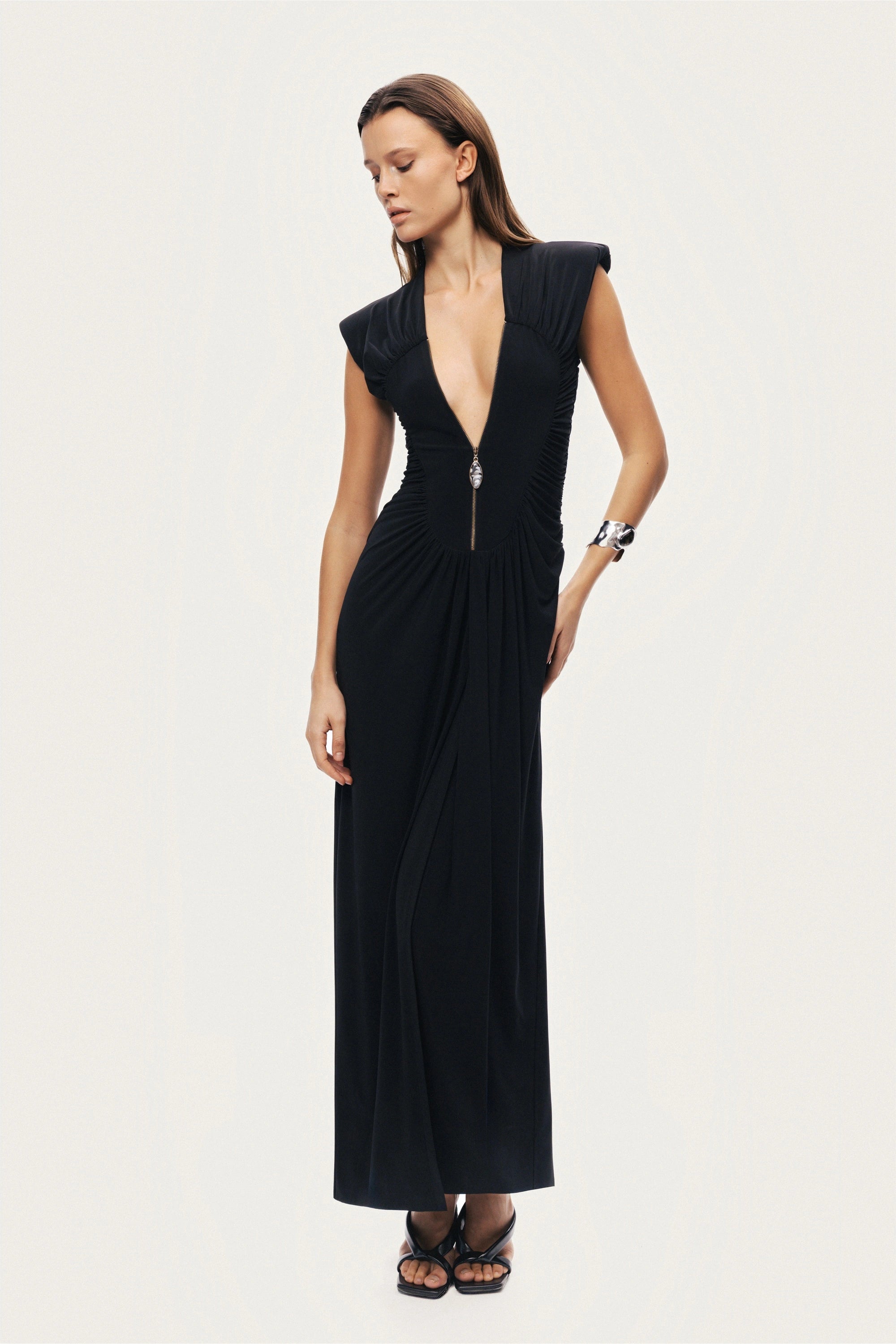 Ruched Deep V-Neck Maxi Dress