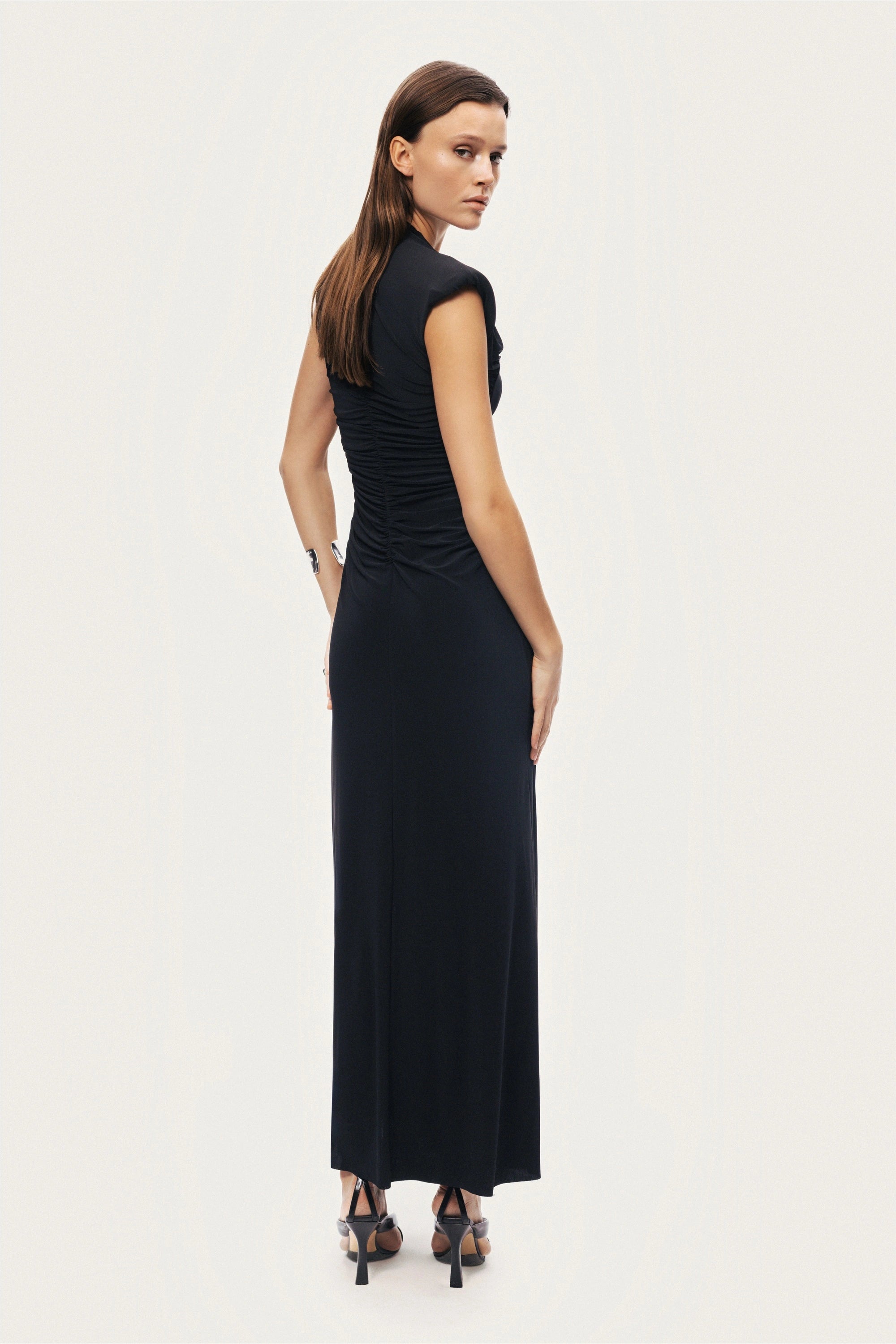 Ruched Deep V-Neck Maxi Dress
