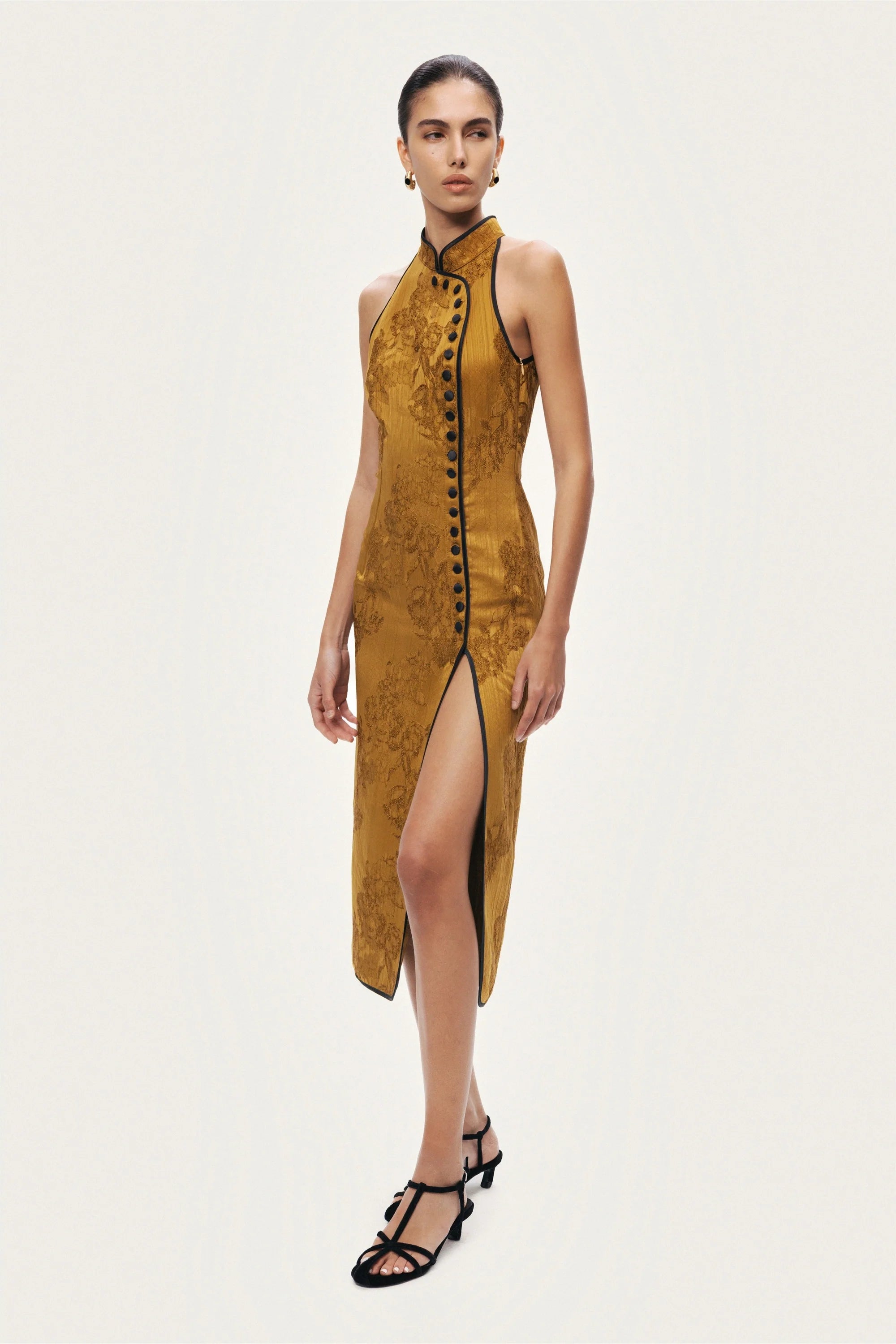 High-Neck Button-Detail Midi Dress