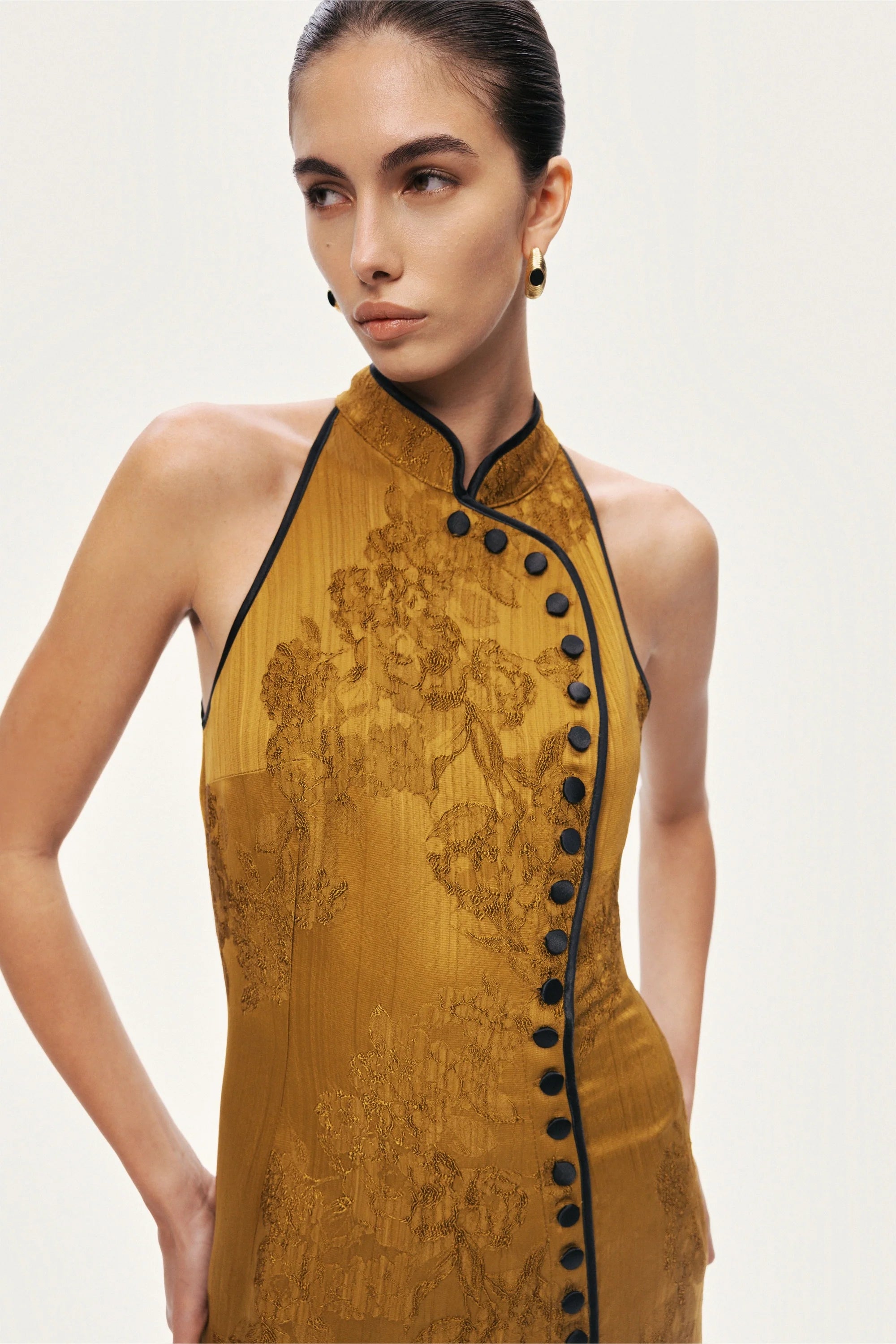 High-Neck Button-Detail Midi Dress