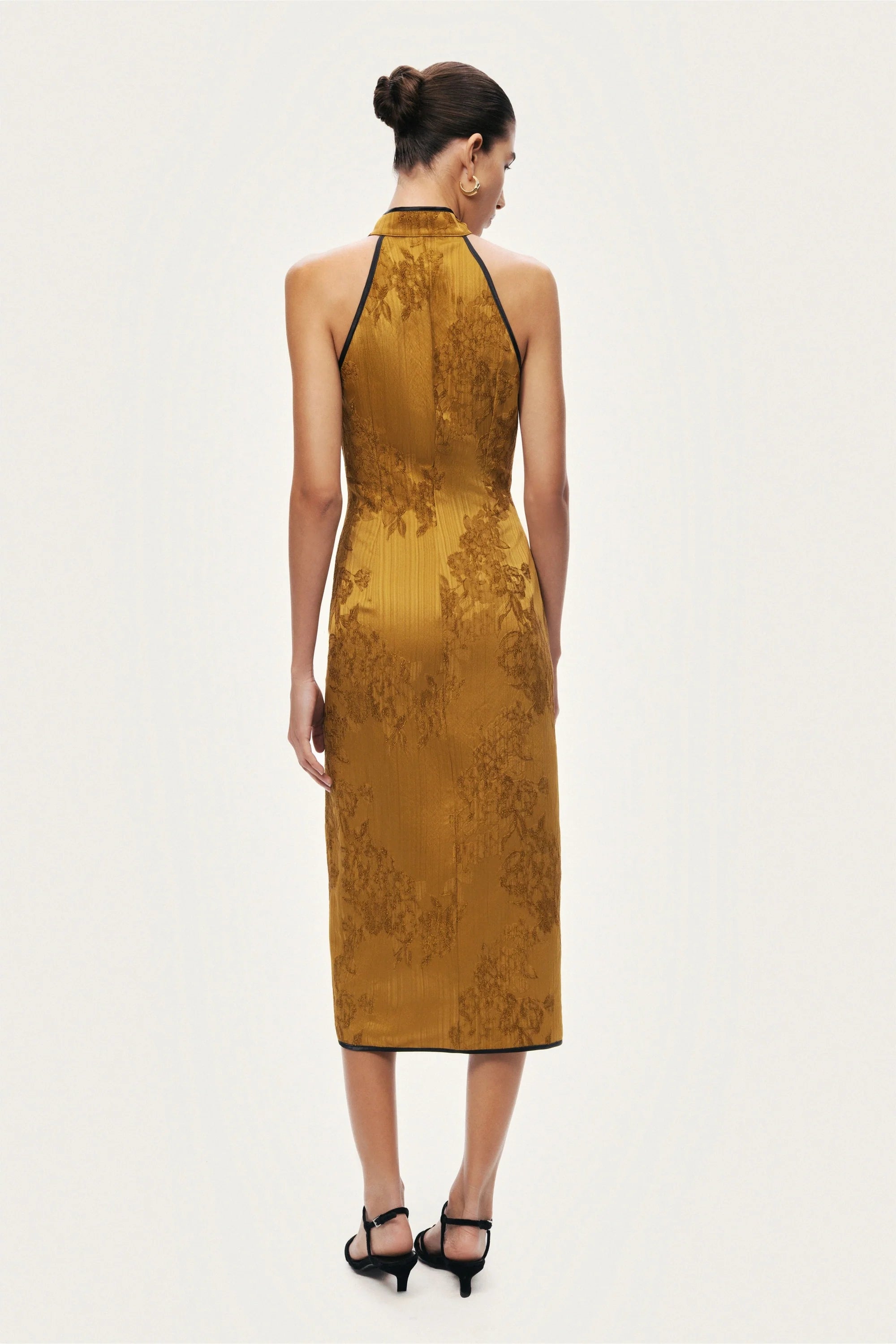 High-Neck Button-Detail Midi Dress